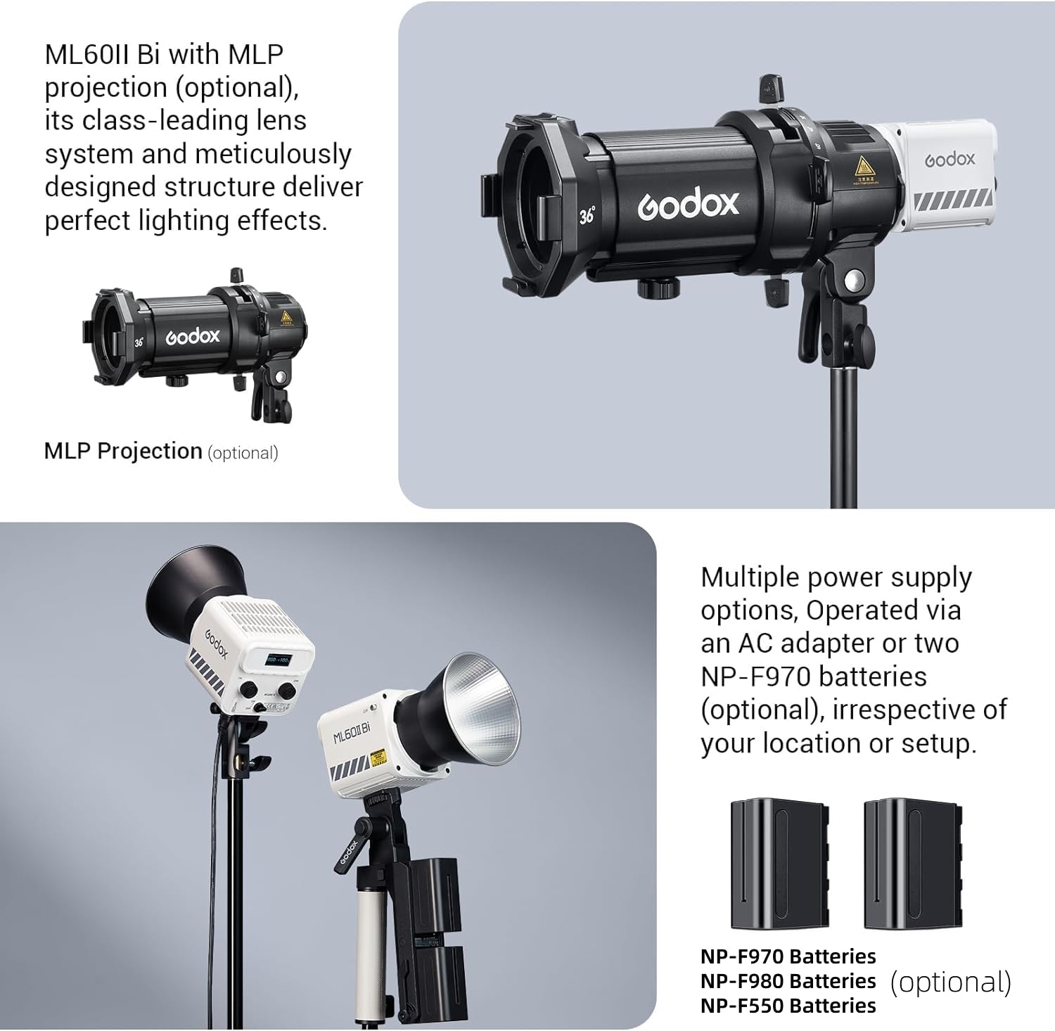 Godox Ml60Iibi Bi Color Led Video Light, 70W Handheld Led Light 2800K 6500K With Quiet Cooling Fan, Portable Cob Continuous Outp