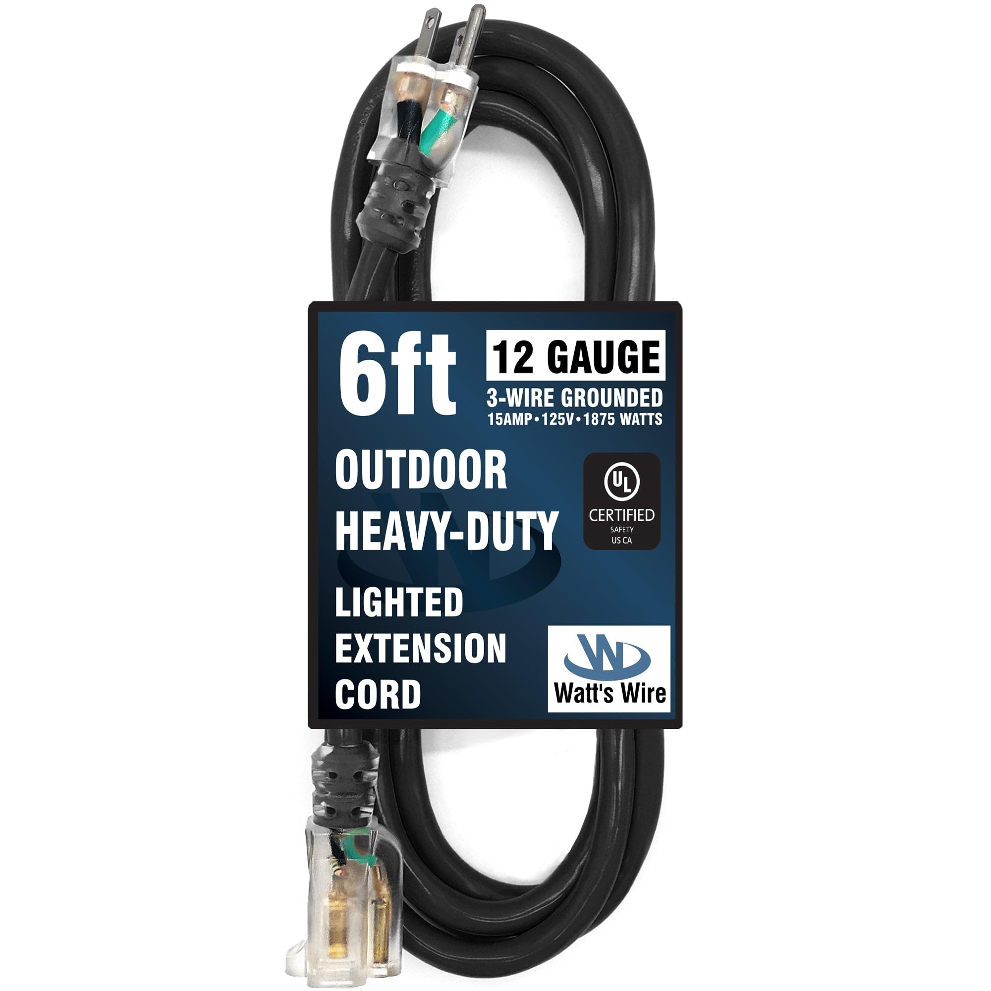 6 Ft   12 Gauge Heavy Duty Extension Cord   Lighted Sjtw   Indoor/Outdoor Extension Cord By Watt'S Wire   6' 12 Gauge Grounded 1