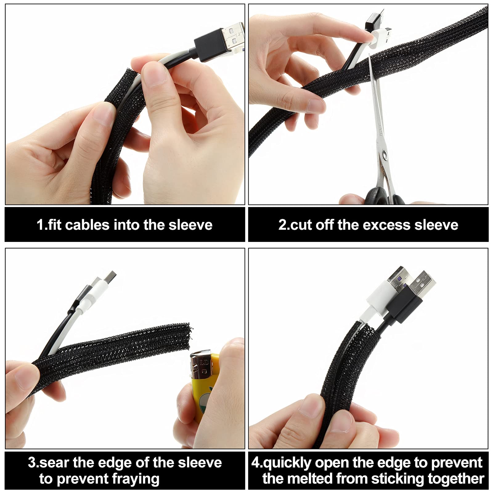 Boao 3 Pieces Cord Protector Wire Loom Tubing Cable Sleeve Split Sleeving For Usb Charger Cable Cord Cover Audio Video Cable (Bl