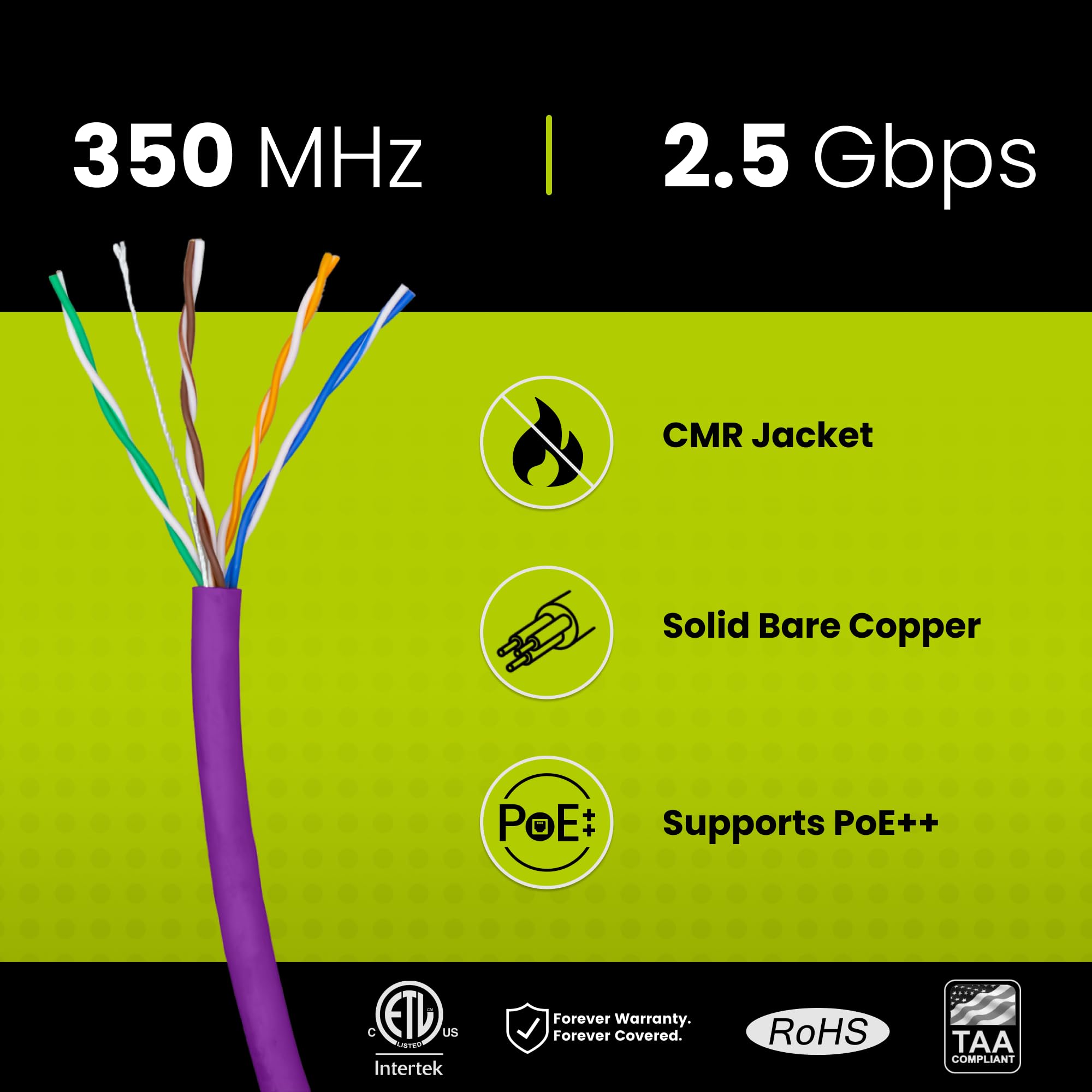 Truecable Cat5E Riser (Cmr), 1000Ft, Purple, 24Awg 4 Pair Solid Bare Copper, 350Mhz, Poe++ (4Ppoe), Etl Listed, Unshielded Twist
