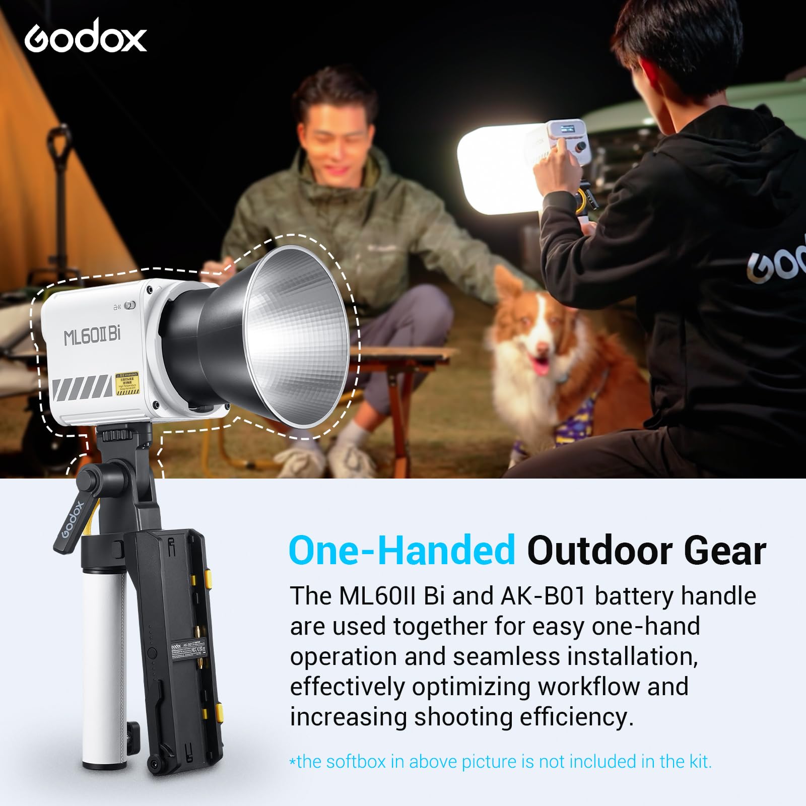 Godox Ml60Iibi Bi Color Led Video Light, 70W Handheld Led Light 2800K 6500K With Quiet Cooling Fan, Portable Cob Continuous Outp