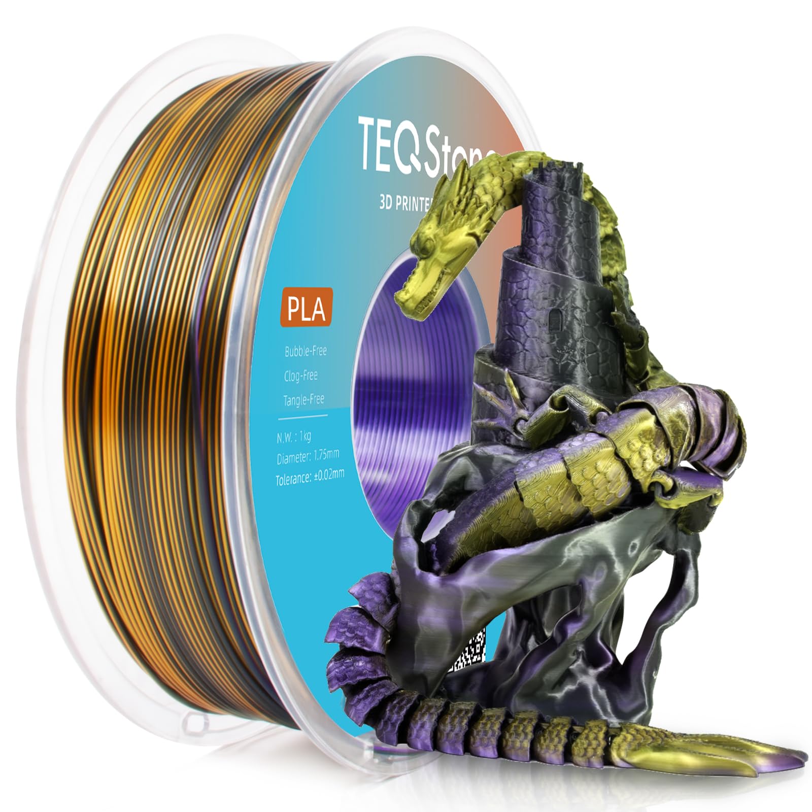 TEQStone Tri Color Silk PLA Filament 1.75mm Purple Gold Black 1KG, Shiny High Gloss Finish, Seamless Color Transition, Neatly Wo