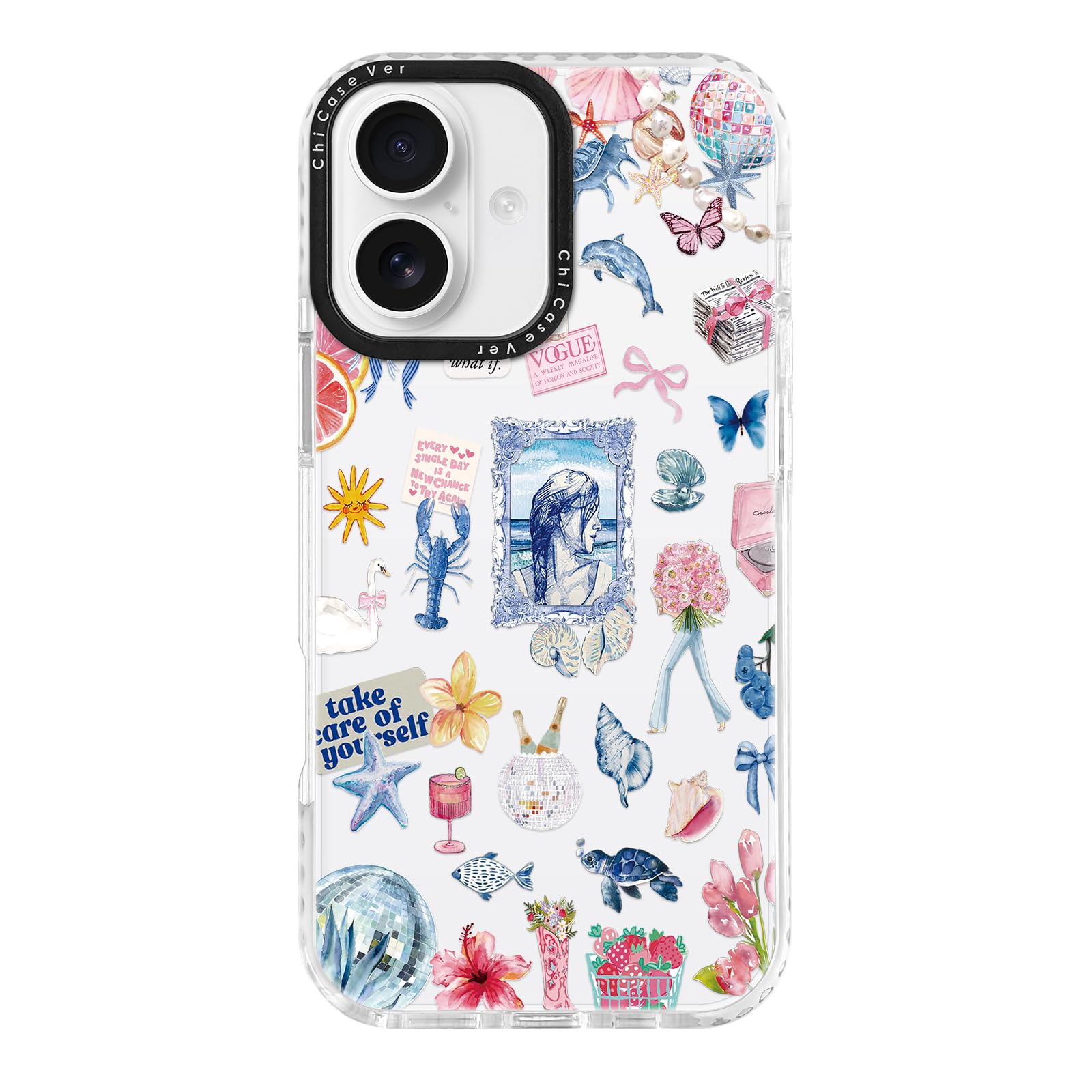 ChiCaseVer for iPhone 16 Plus Case, Ocean Self-Care Collage Pattern with Sea Creatures, Military-Grade Drop Protection, Aestheti