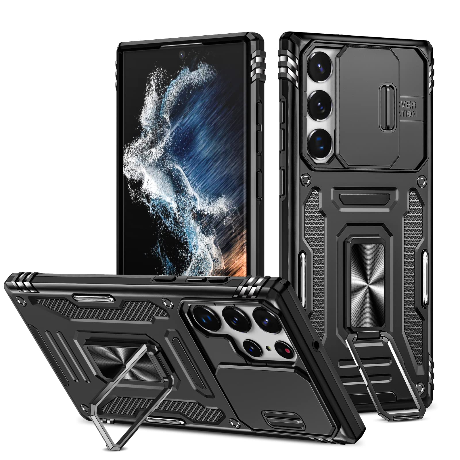 Saiboro Shockproof Phone Case for Samsung Galaxy S22 Ultra with Kickstand Camera Cover Magnetic Car Mount PC/TPU Silver