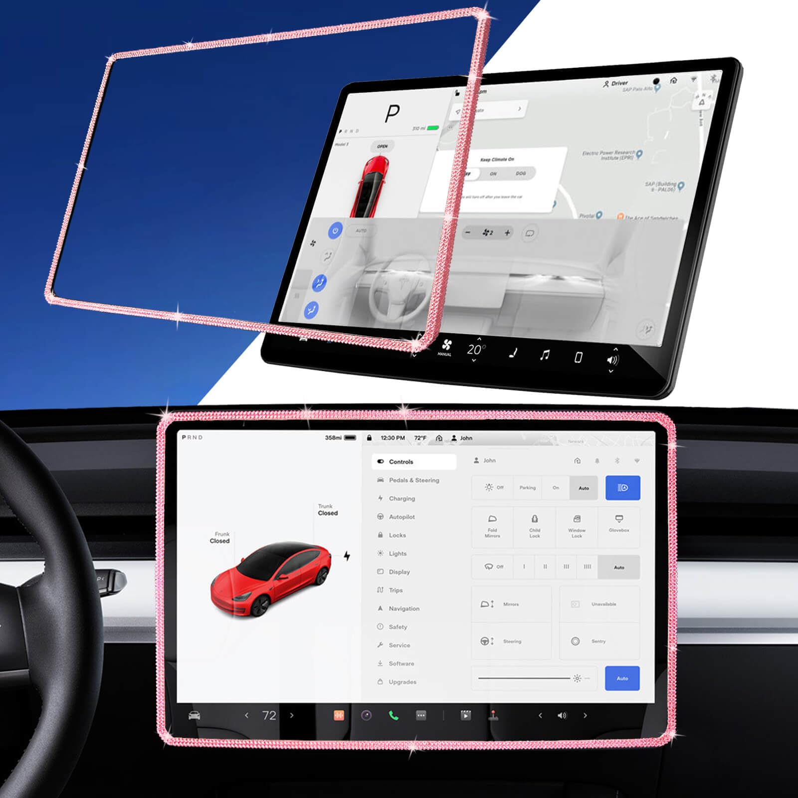 Yeapop Bling Pink Rhinstones Screen Protector For Tesla Model 3 2017 2023 And Model Y, Sparkly Center Console Accessories For 3&