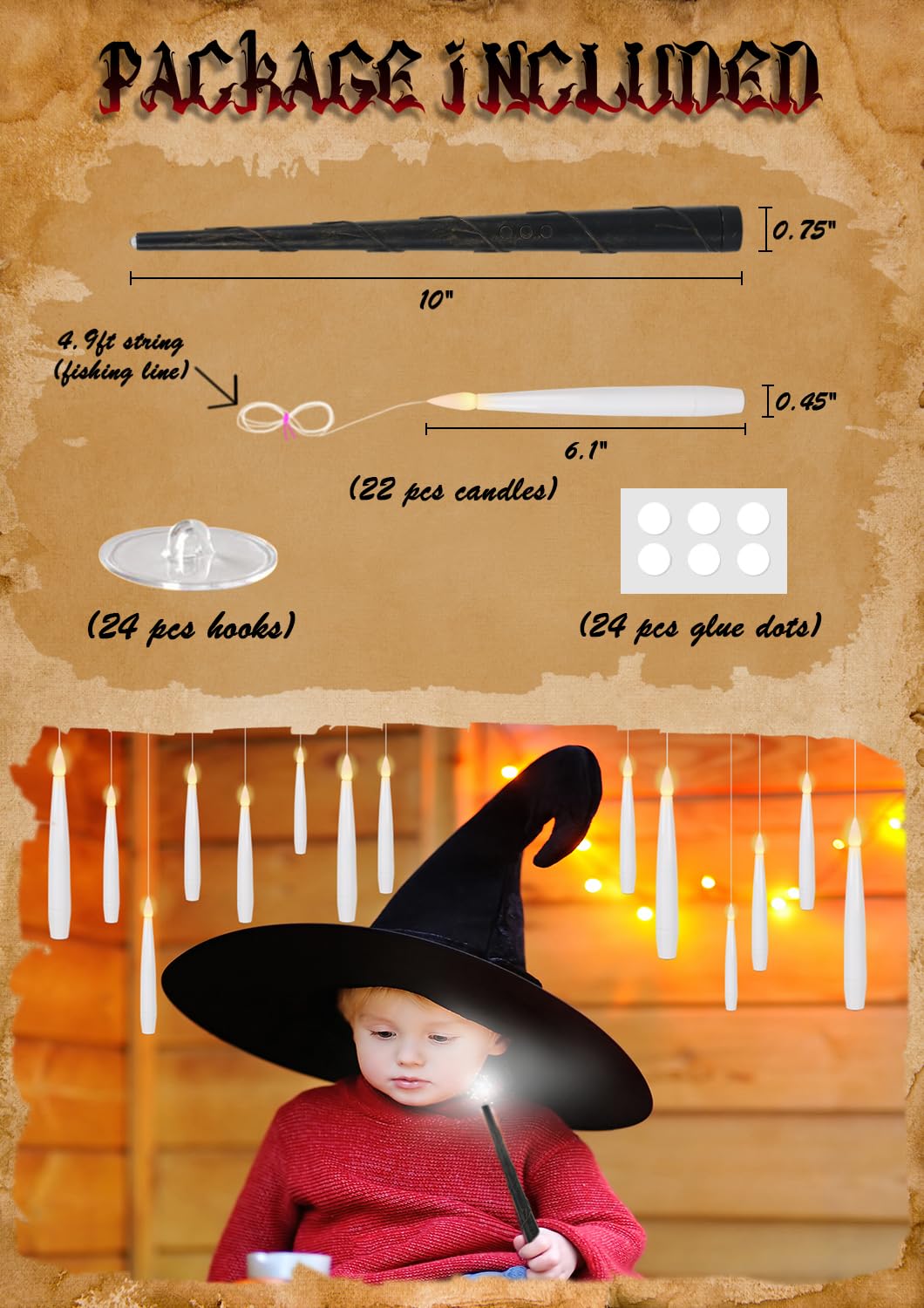 Lasumora 22 Pcs Floating Candles With Wand Remote, Halloween Decorations Floating Led Taper Candles, Flickering Flameless Hangin