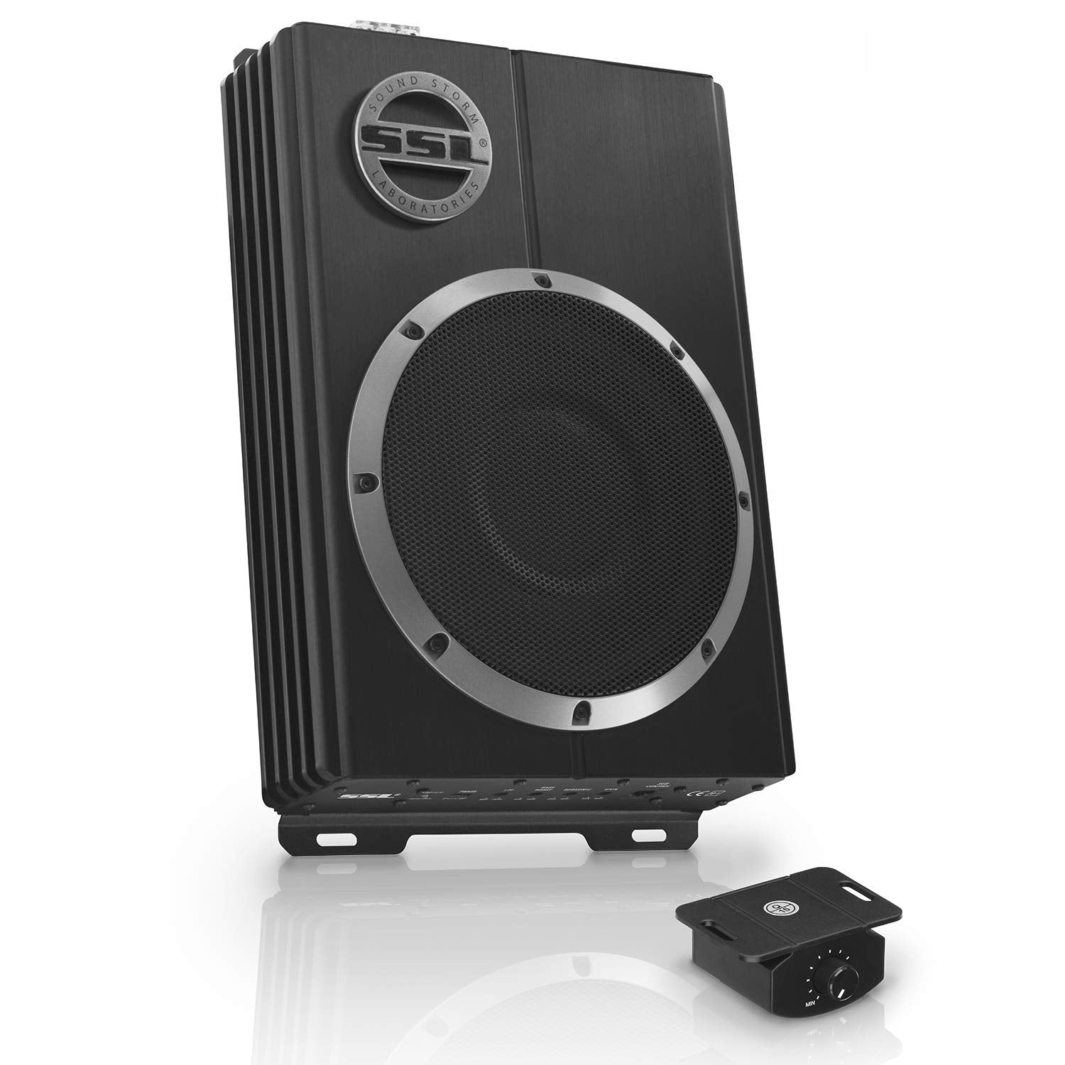 Sound Storm Laboratories Lopro8 Powered Under Seat Car Subwoofer   600 Watts Max, Single 2.6 Ohm, Voice Coil, Built In Amp, Low Profile, Remote Subwoofer Control