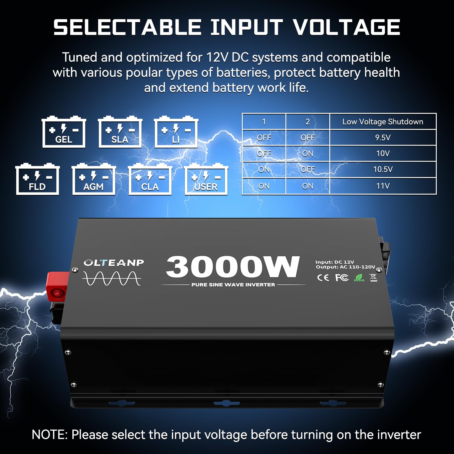 OLTEANP 3000W Pure Sine Wave Inverter, 12V DC to 110V AC, 4 AC Outlets, USB & Type-C Ports, Remote Control, Black