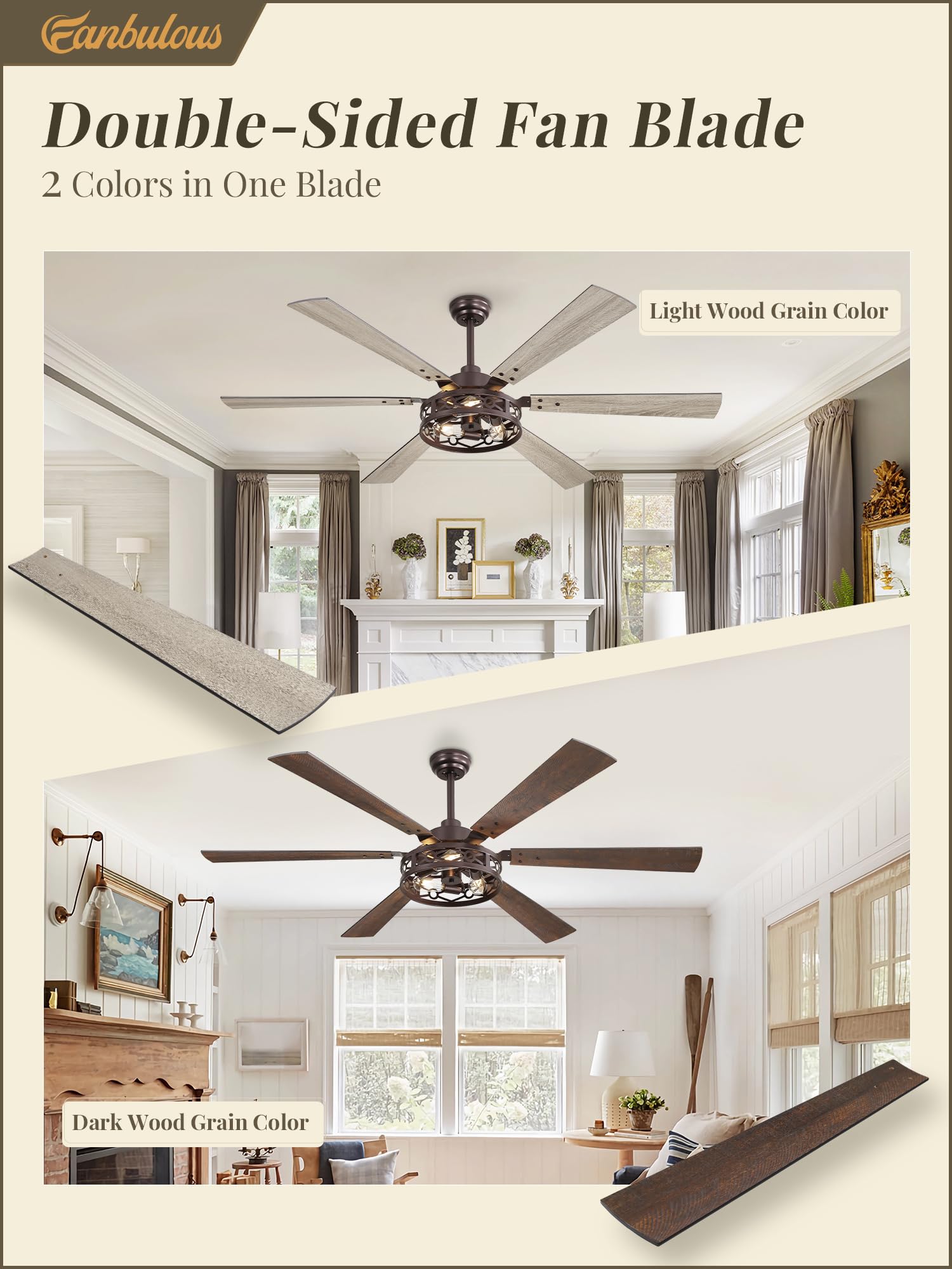 Fanbulous 65 Inch Ceiling Fan With Lights, Farmhouse Caged Ceiling Fans With Remote,Oil Bronze Industrial Ceiling Fans With Quie