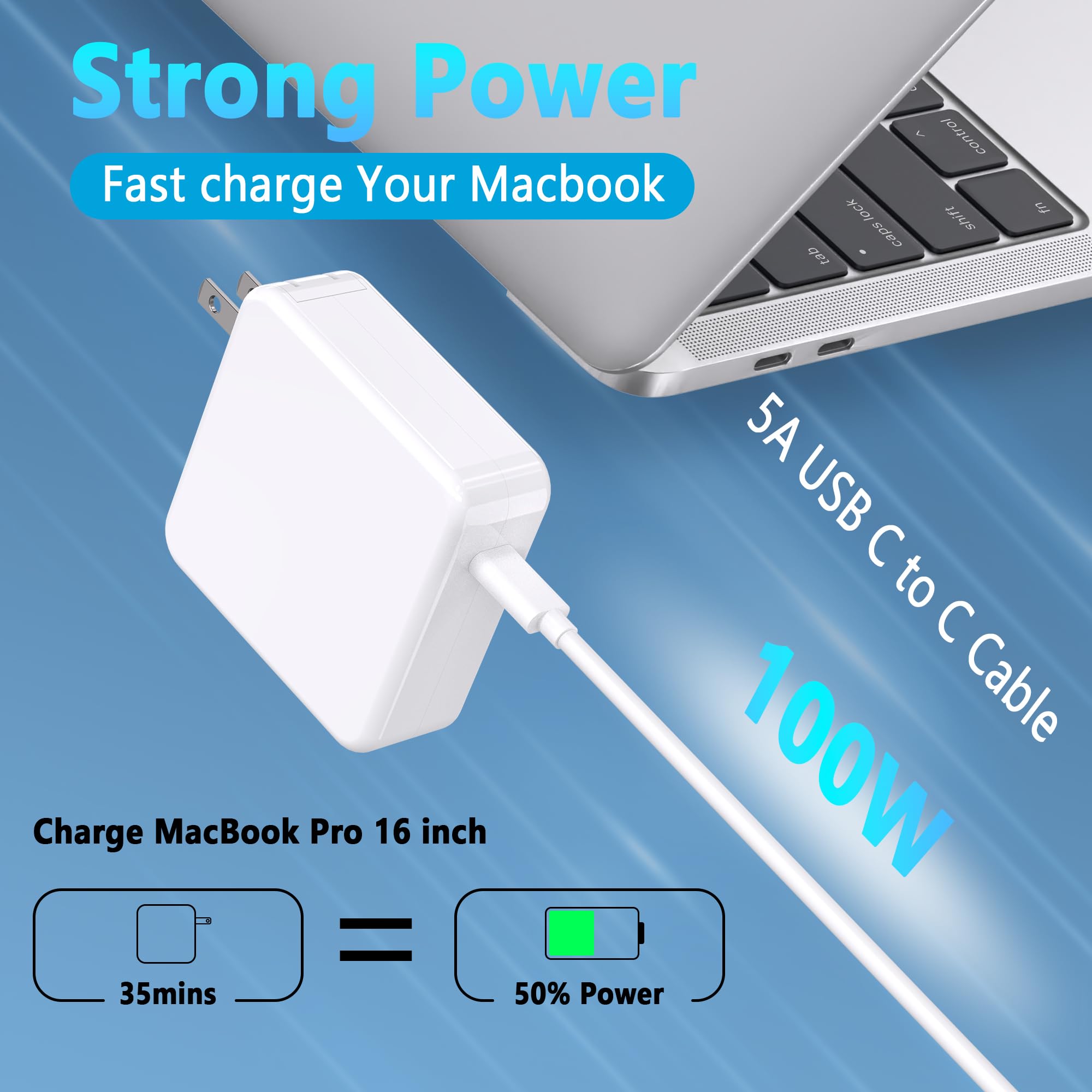 Mac Book Pro Charger 100W Usb C Charger Fast Charging For Macbook Pro/Macbook Air 16 15 14 13 Inch,Ipad Pro And All Usb C Device,Travel Computer Power Adapter Cord With 5A Usb C C Charger Cable