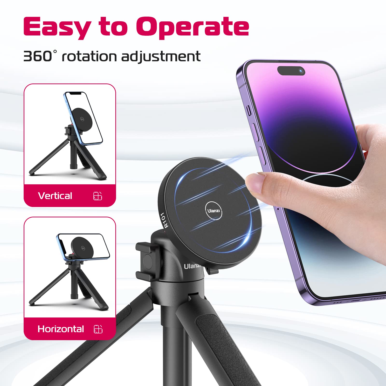 Ulanzi Magnetic Cell Phone Tripod Compatible With Magsafe, 17.3 Extendable Mini Tabletop Tripod Selfie Stick With Cold Shoe, 360