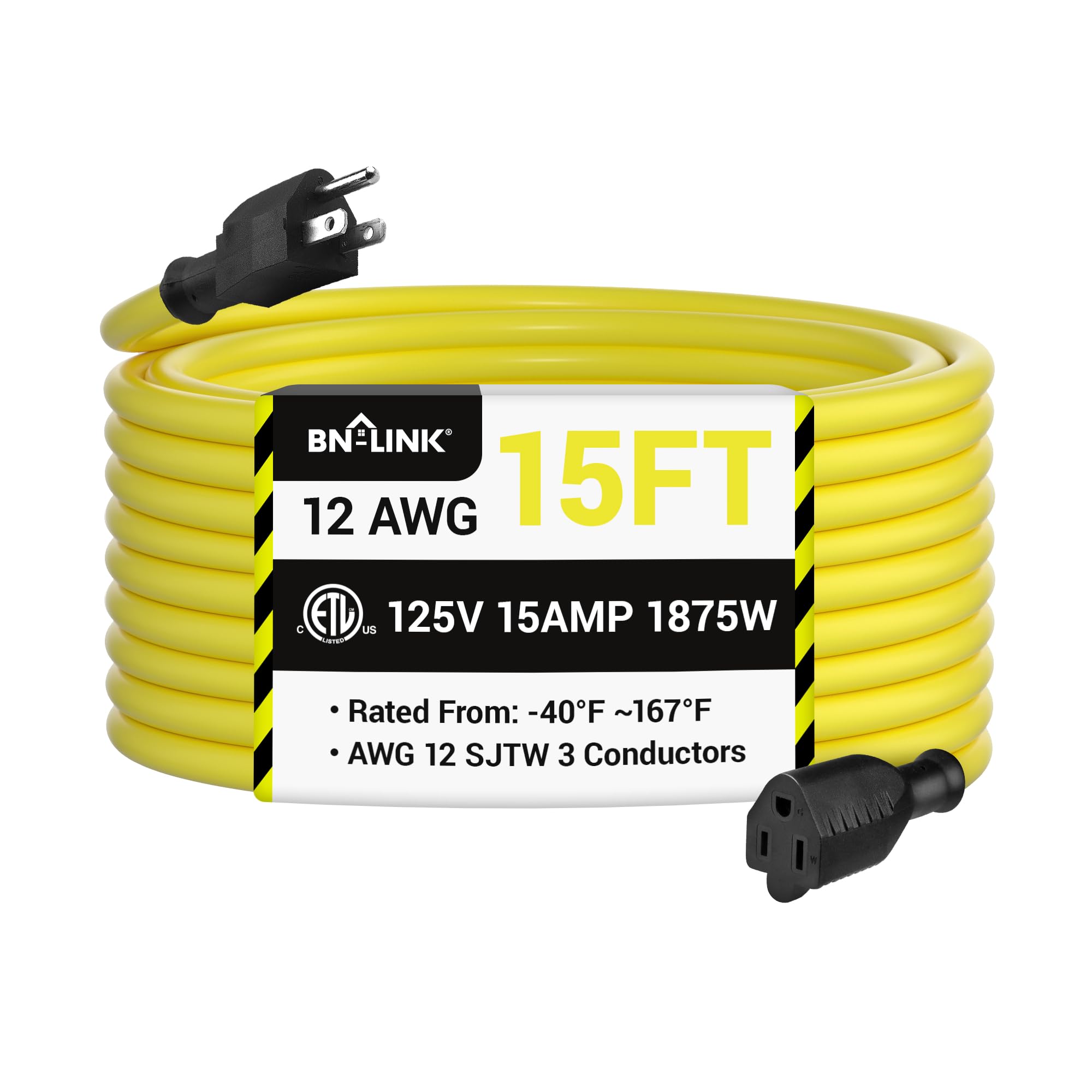 Bn Link 15Ft Outdoor Extension Cord, 12/3 Sjtw Heavy Duty Power Cord, 3 Prong Grounded Plug, Weather Resistant, 15A, 1875W, Yell