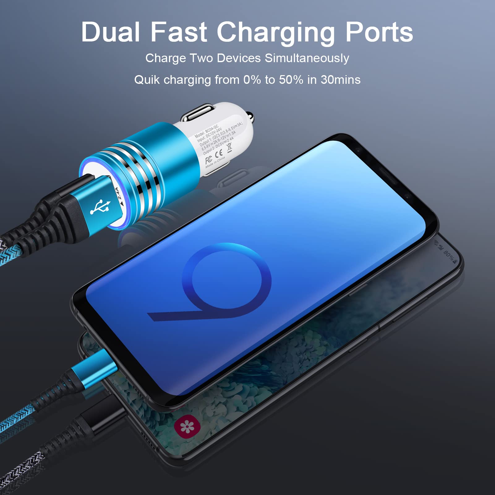 Flecom QC3.0 18W Type C Fast Charger Kit for Samsung Galaxy Phones - Wall Block, Car Charger & 6FT USB C Cable Black Blue