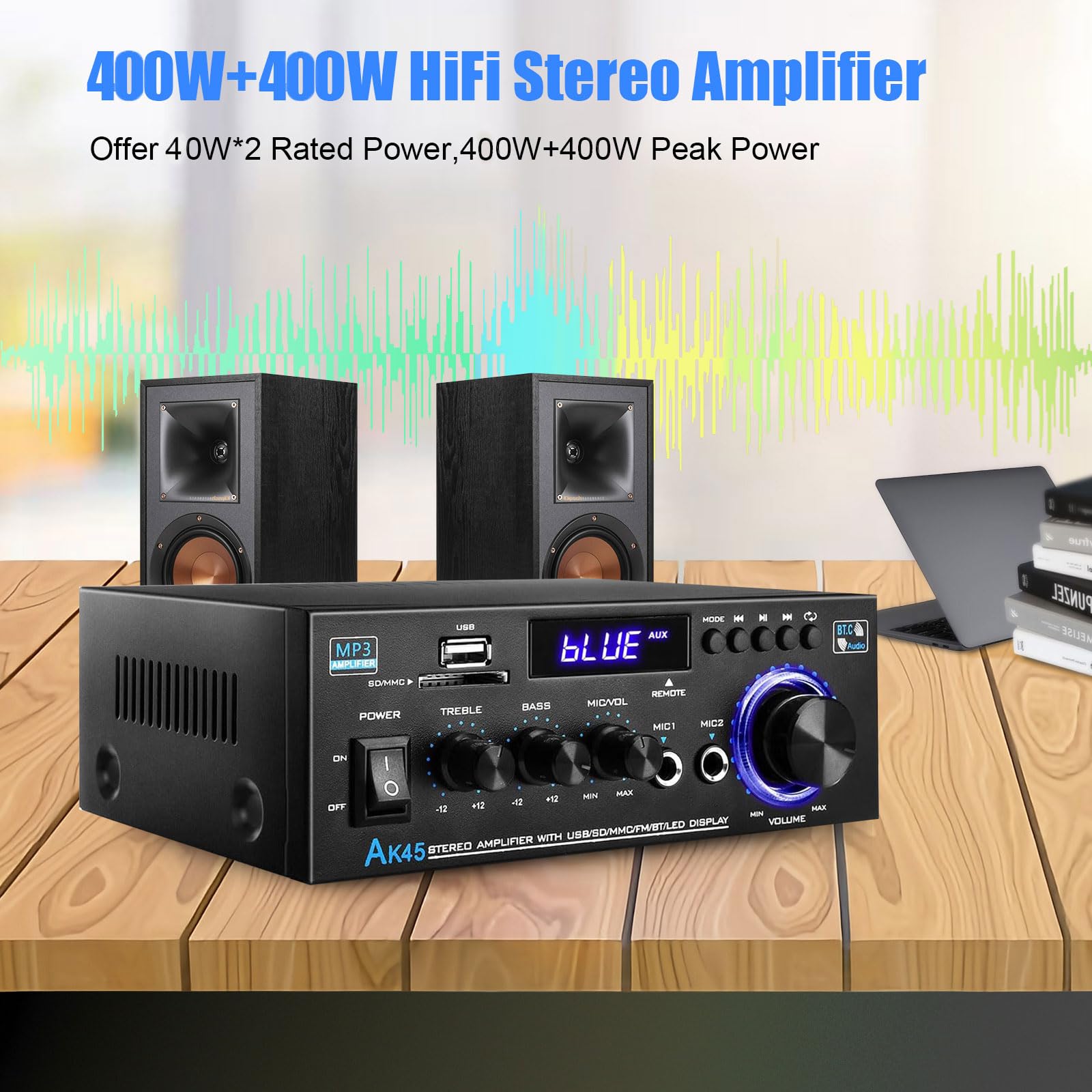 Ak45 Stereo Amplifiers Home Audio, Stereo Receivers 300W Home 2 Channel Bluetooth 5.0 Power Amplifier System, Fm Radio, Usb, Sd