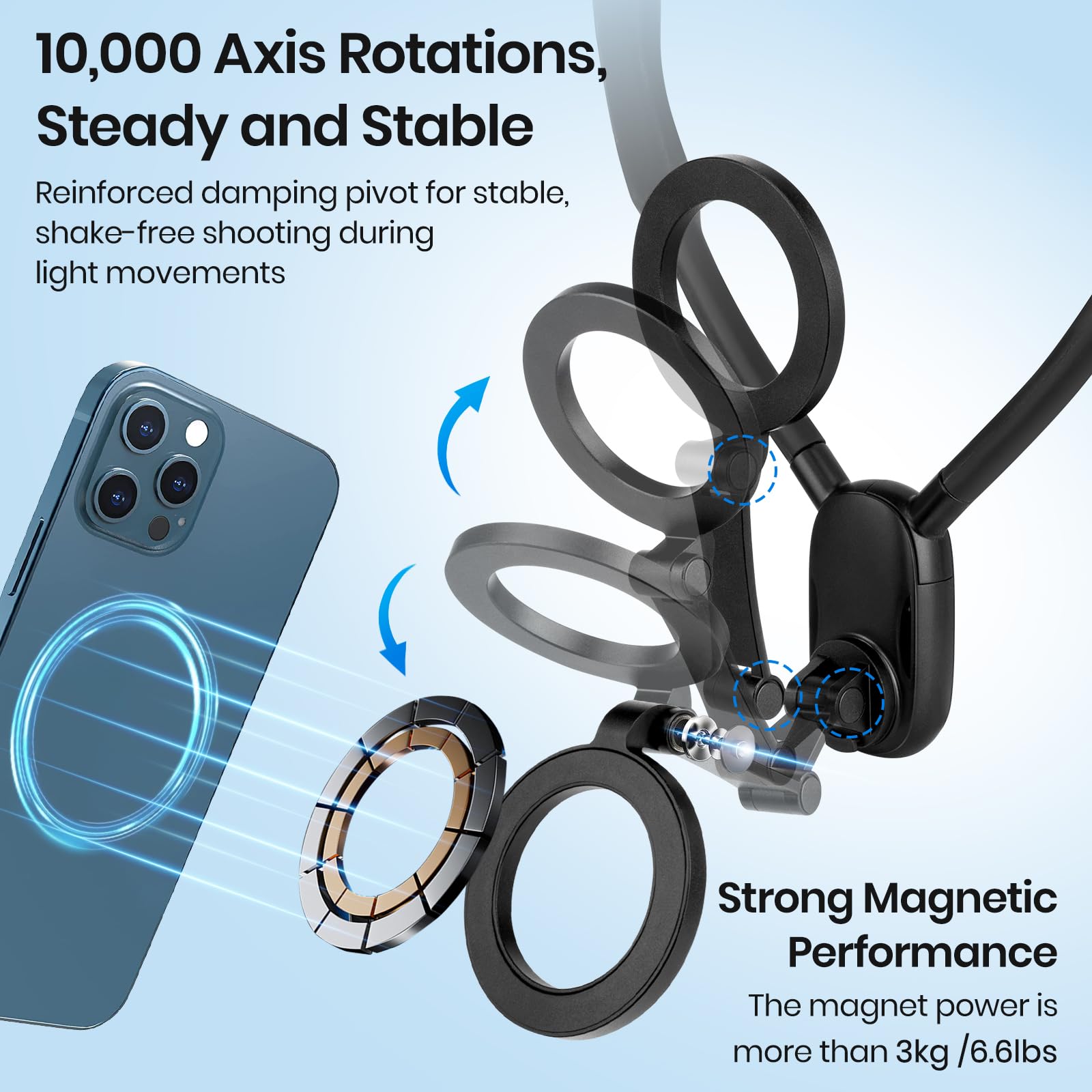 Keweis Magnetic Neck Phone Holder Cell Phones Mount, Hand Free Pov/Vlog Flexible Phone Neck Holder Around Chest Stand Video Reco