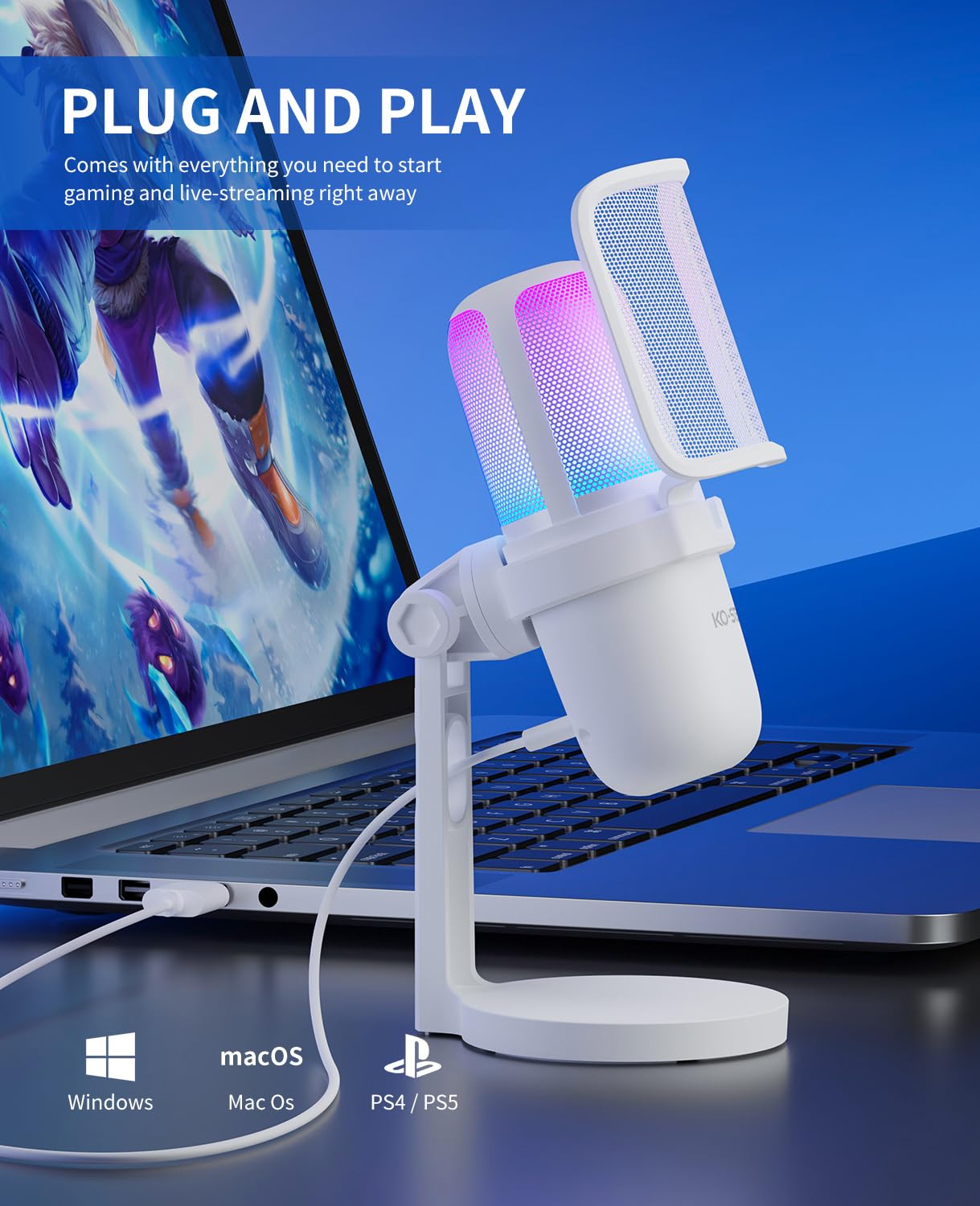 Usb Microphone For Pc,White Mini Microphone,Computer Gaming Mic For Ps4/ Ps5/ Mac,Condenser Mic With Quick Mute,Rgb Streaming Mi