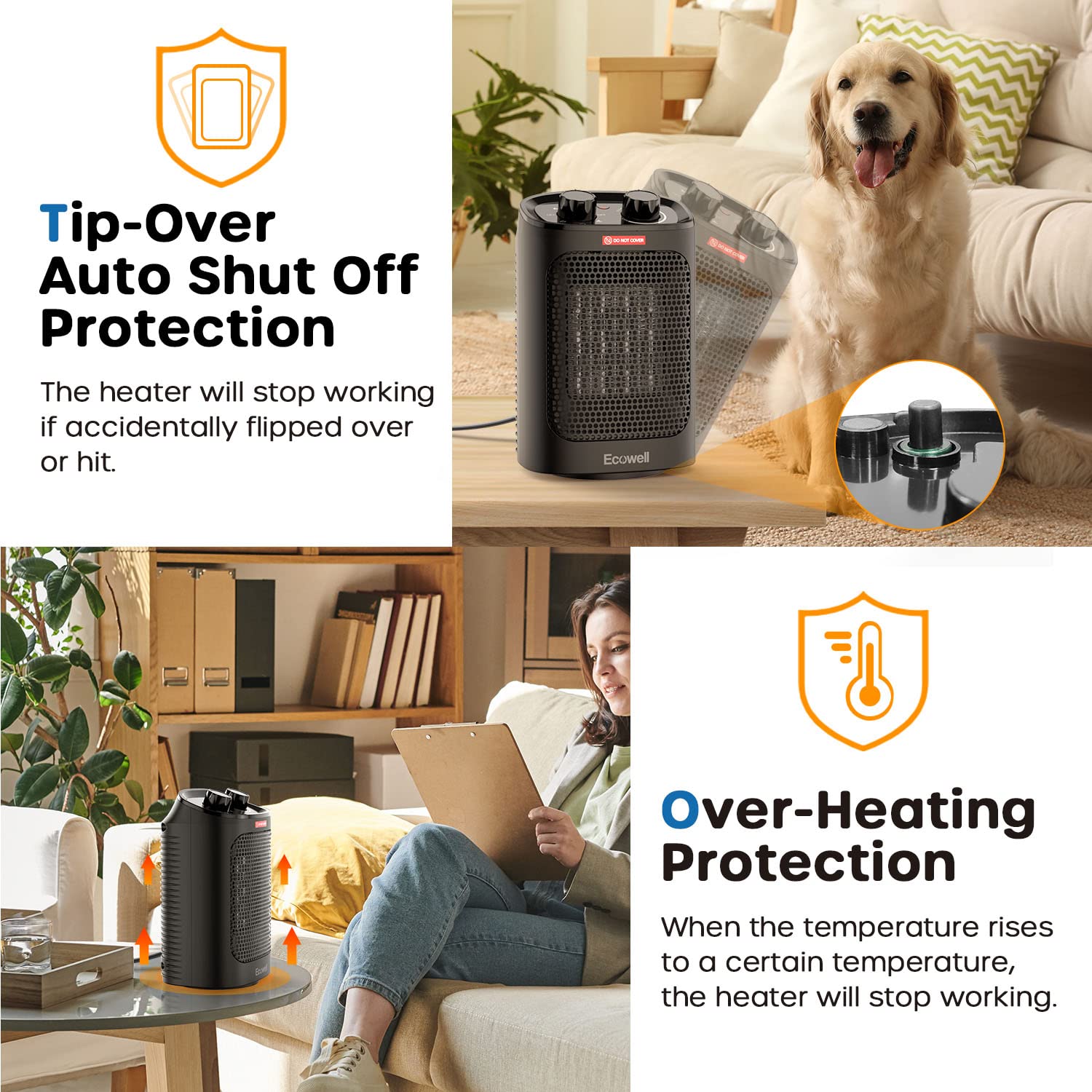 Ecowell 1500W Portable Space Heater For Indoor Use, 60Oscillating,Small Electric Heater Fan With Adjustable Thermostat, Safe And