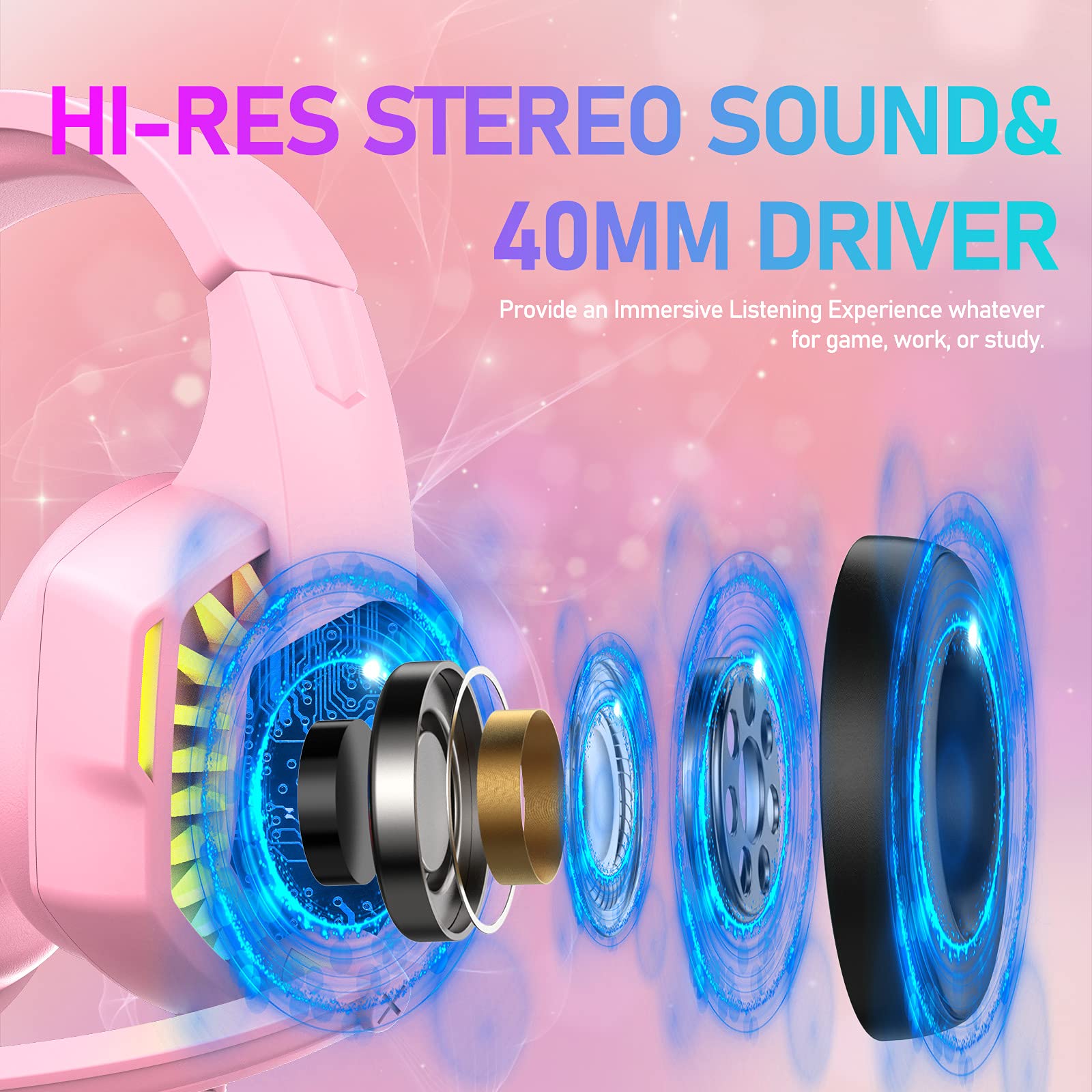 Wired Gaming Headset With Rainbow Rgb Backlight Retractable Noise Isolating Microphone Stereo Sound Deep Bass Memory Foam Earmuf