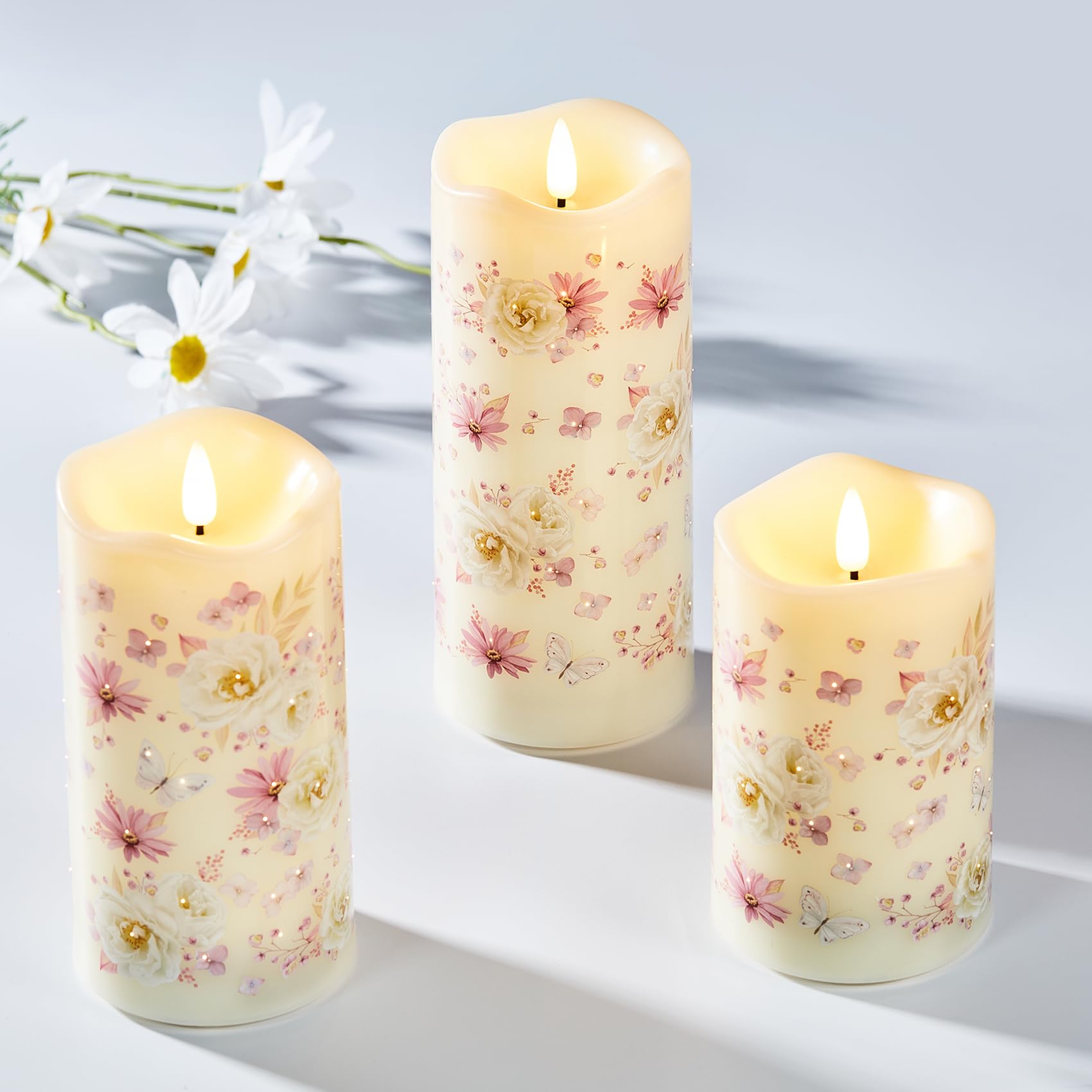 Eywamage Fiber Optic Flameless Candles With Remote, Floral Candles Battery Operated, Flickering Led Pillar Candles Set Of 3