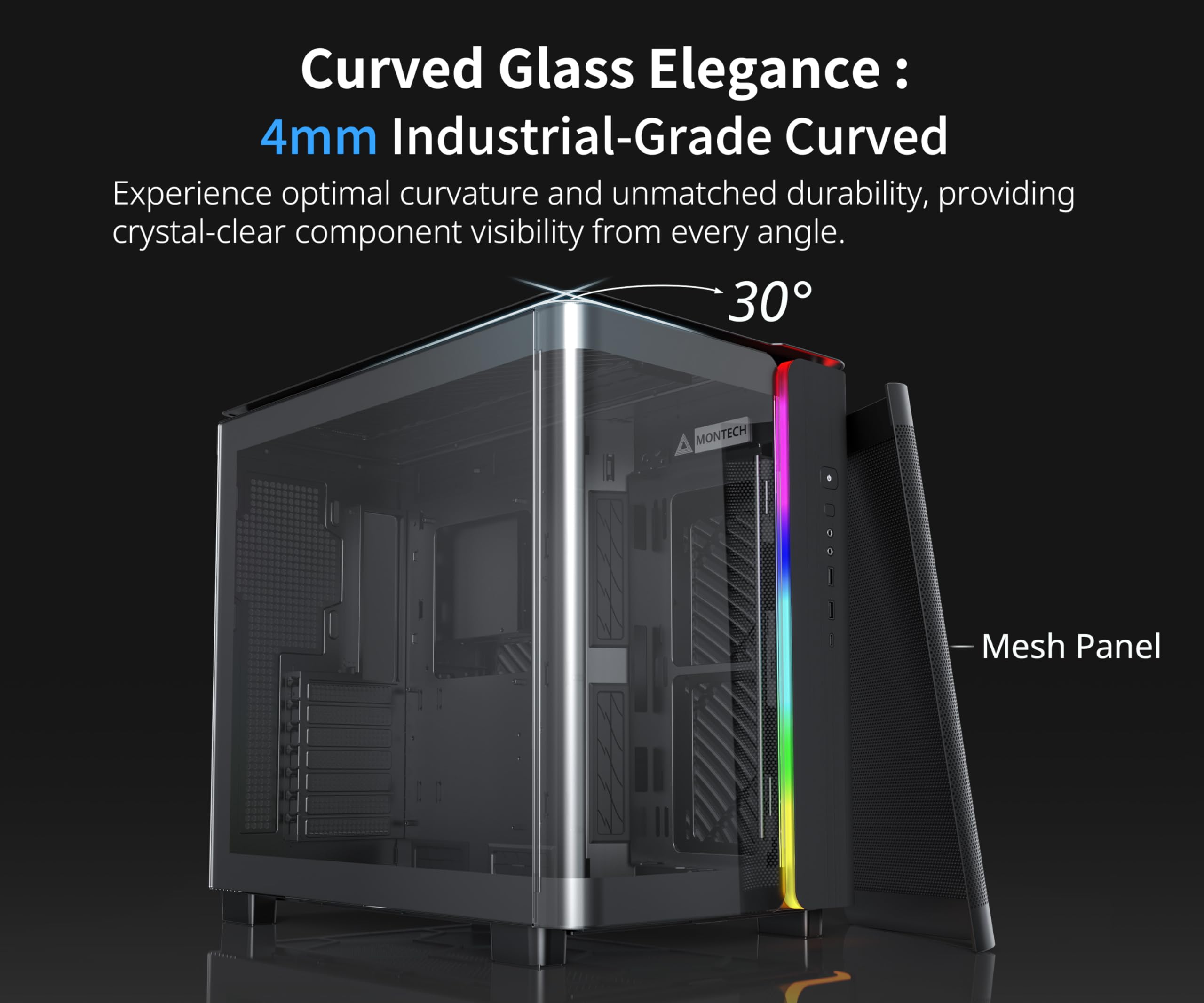 Montech, King 95 Dual Chamber Atx Mid Tower Pc Gaming Case, High Airflow, Toolless Panels, Sturdy Curved Tempered Glass Front An