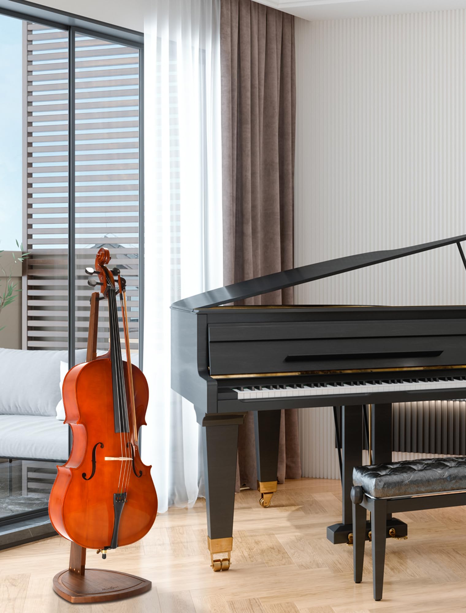 Musbeat Cello Stand With Bow Holder, Handcrafted Walnut Wood Floor Stand For 4/4 Full-Size And 1/2, 1/4, 3/4, 1/8, 7/8, Cello Ho