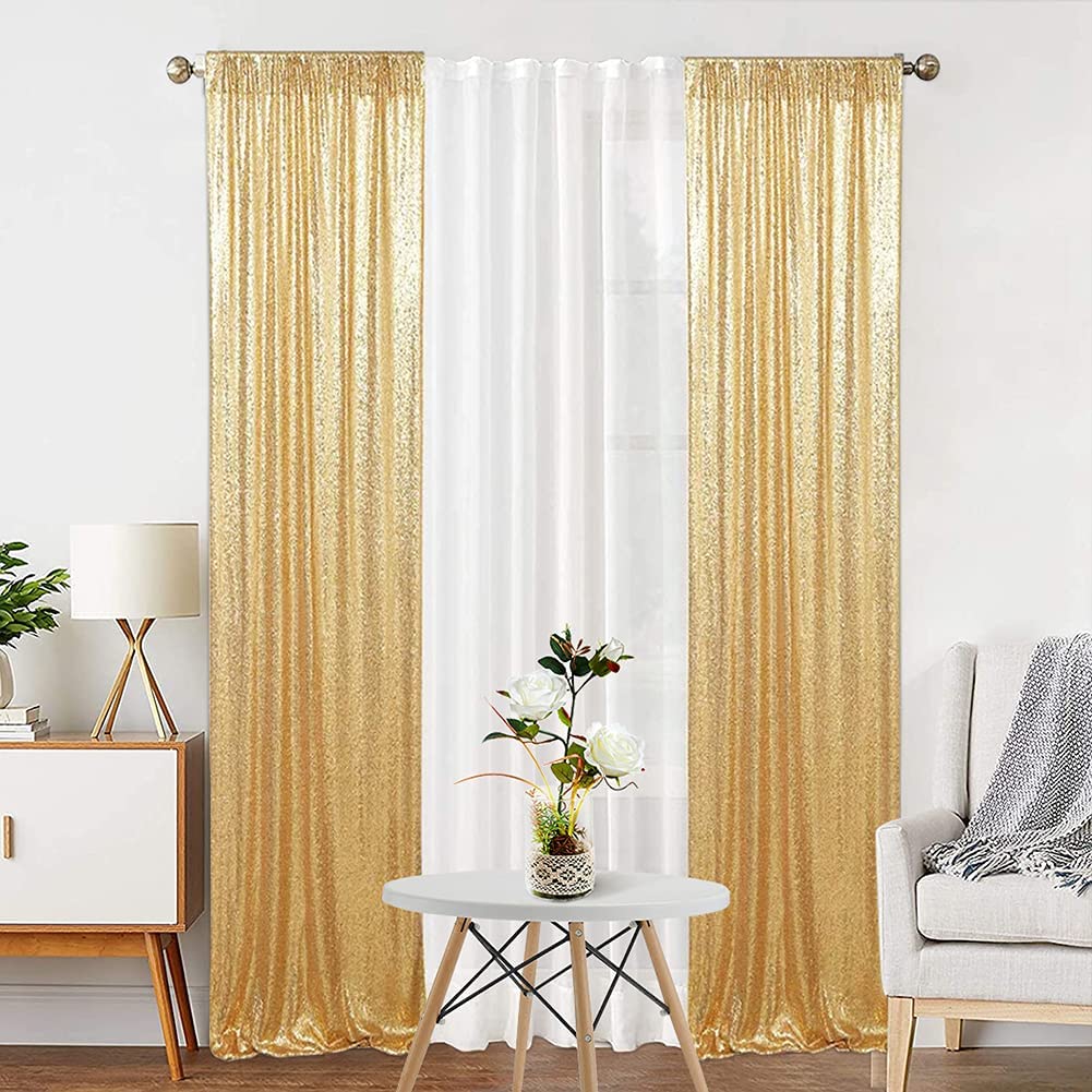 Eternal Beauty Gold Sequin Backdrop Curtain 2 Panels, Gold Curtain Backdrop For Party Decoration (W2 X H8Ft 2Pcs)