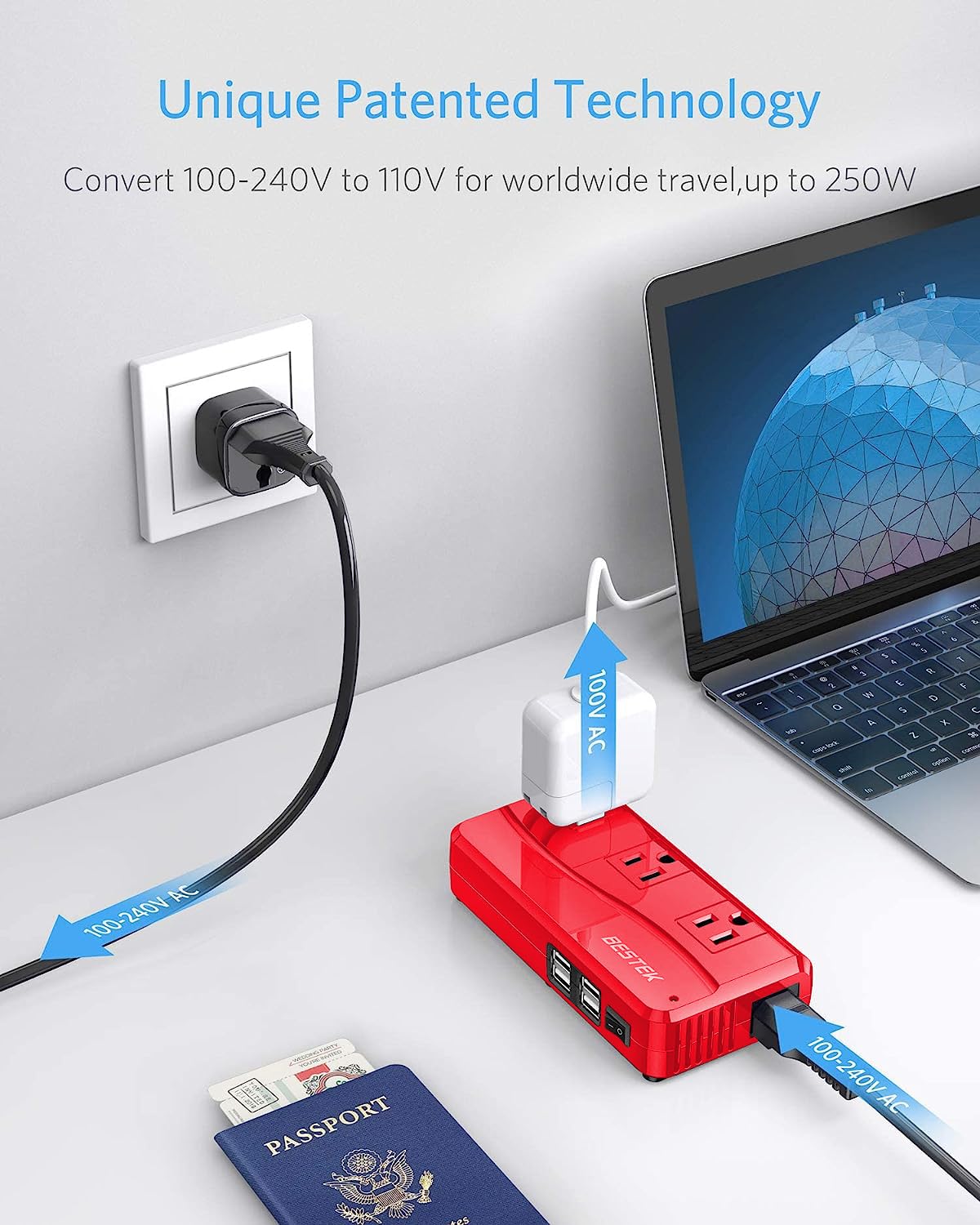Bestek International Power Adapter 250W, 220V To 110V Step Down Travel Voltage Converter With 4 Port Usb Including Us/Au/Eu/Uk//