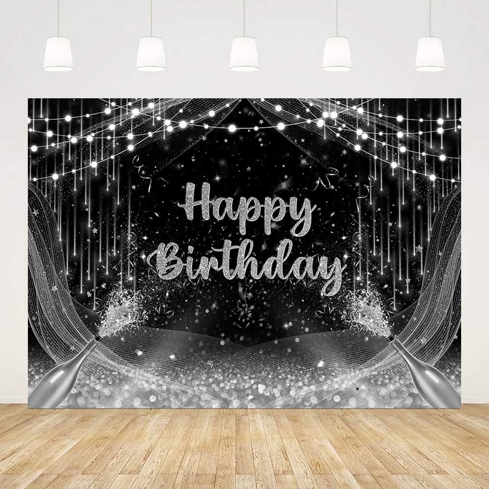 Aibiin 7X5Ft Black And Silver Birthday Backdrop Happy Birthday Photography Background Silver Glitter Birthday Prom Party Decorat