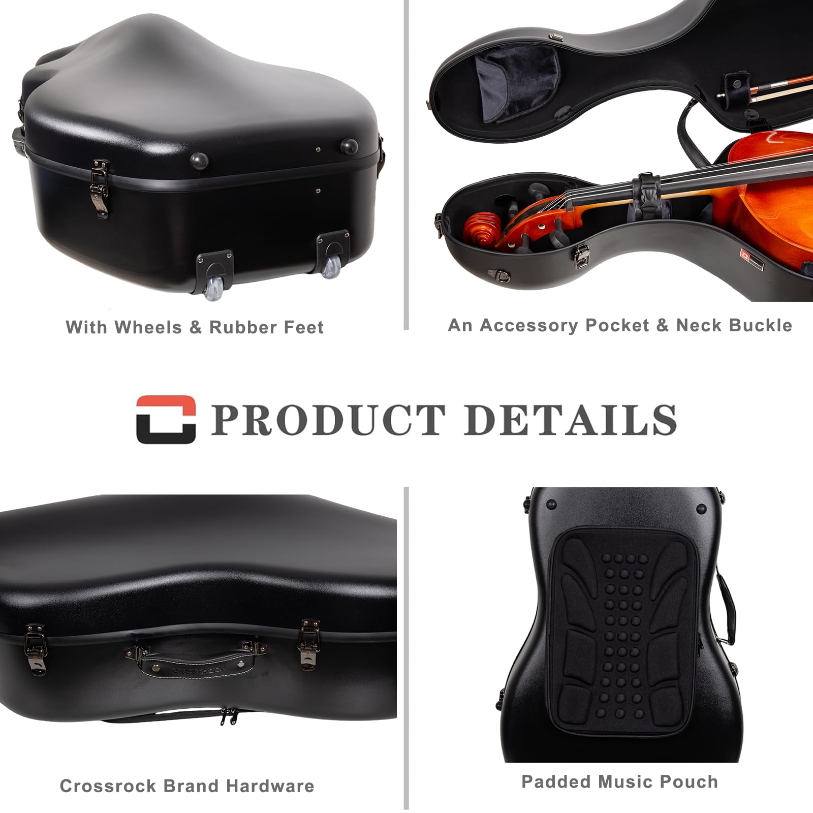 Crossrock Poly Carbon Cello Case For 4/4 Full Size | Black Scratch-Resistant Shell, Black Velvet Interior, Wheels, Music Pouch -