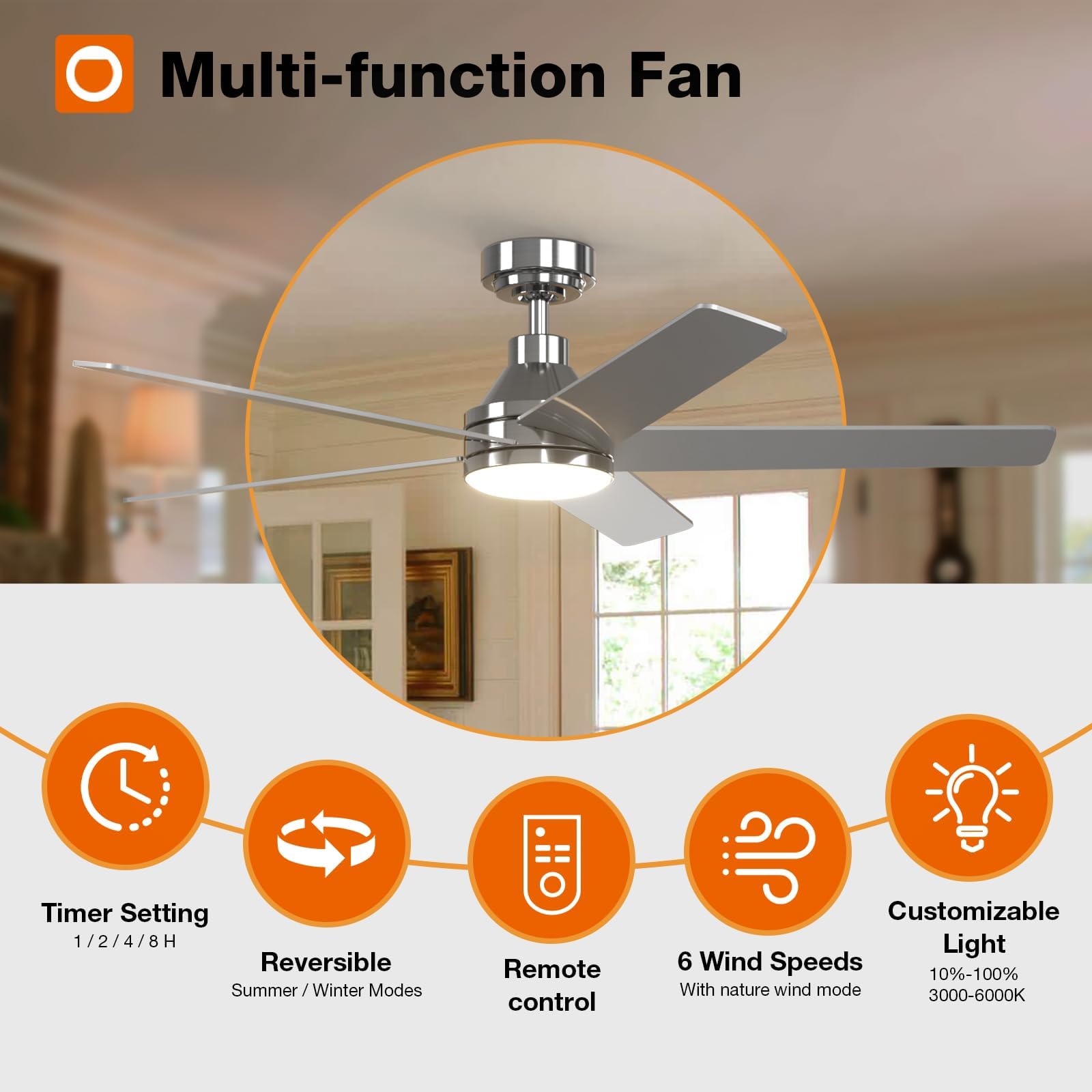 Addlon Ceiling Fans With Lights, 52 Inch Ceiling Fan With Light And Remote Control, Reversible, 3Cct, Dimmable, Noiseless, Nicke