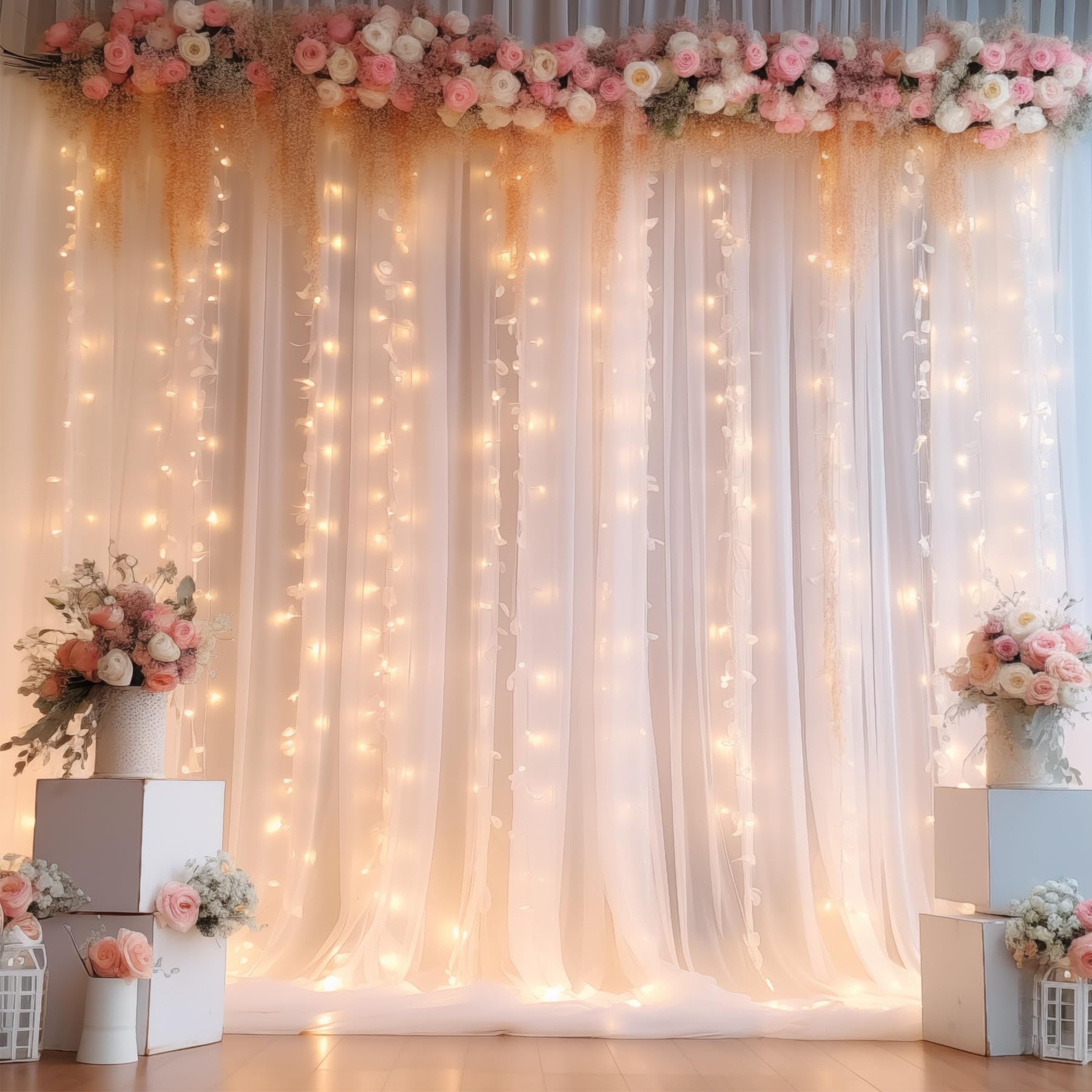 Wish Care 10Ft X 10Ft White Chiffon Backdrop Curtain With Lights String For Parites Wedding Wrinkle Free Curtain Photo Backdrops