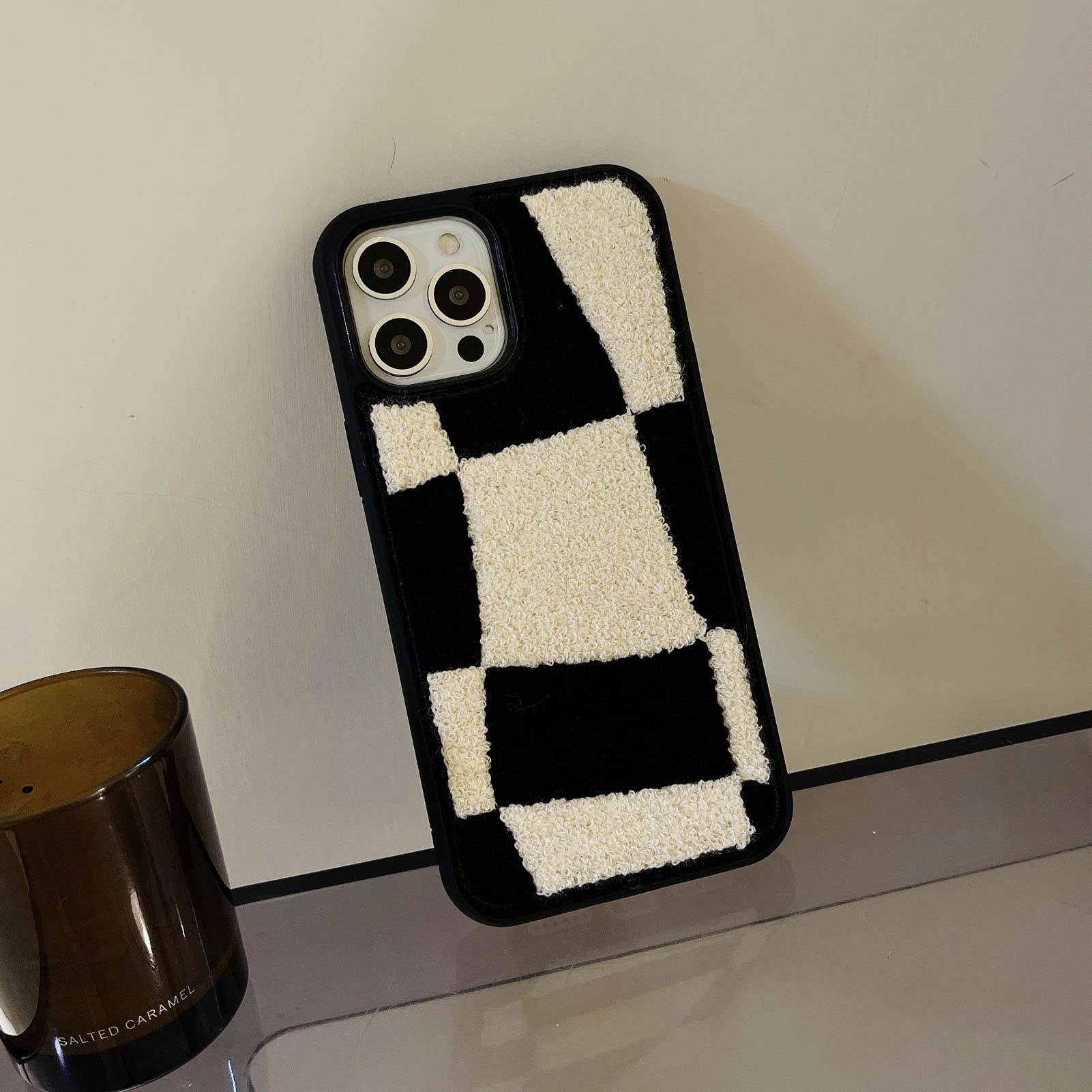 Tewwsdi iPhone 13 Pro Max Phone Case Terry Velvet Black White Checkered TPU