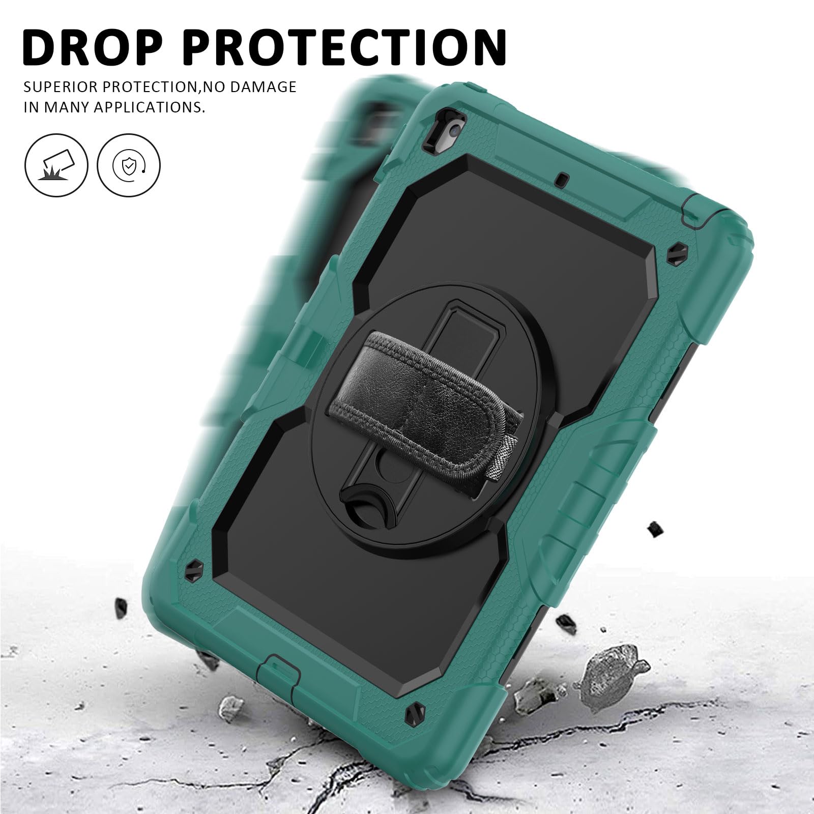 Ambison Case For Ipad 9Th/8Th/7Th Generation 10.2'' 2021/2020/2019, [Kid Proof] Full Body Protective Case With 9H Tempered Glass Screen Protector, 360� Rotatable Kickstand & Hand Strap (Teal & Black)