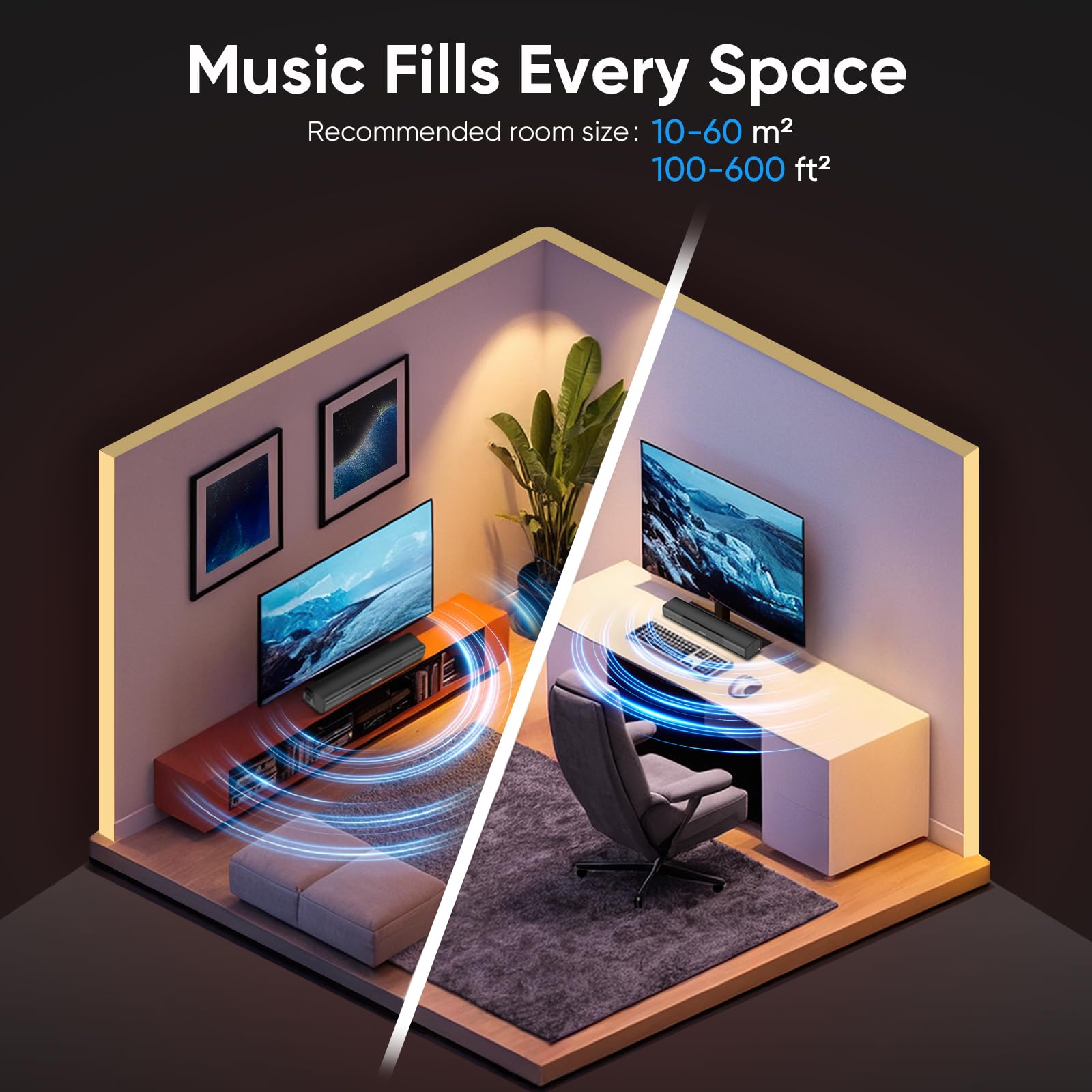 Riowois Sound Bar For Smart Tv, Bass Boost And Crisp Vocals,Bluetooth Soundbar For Tv/Pc/Gaming/Projectors,Optical/Aux/Wall Moun