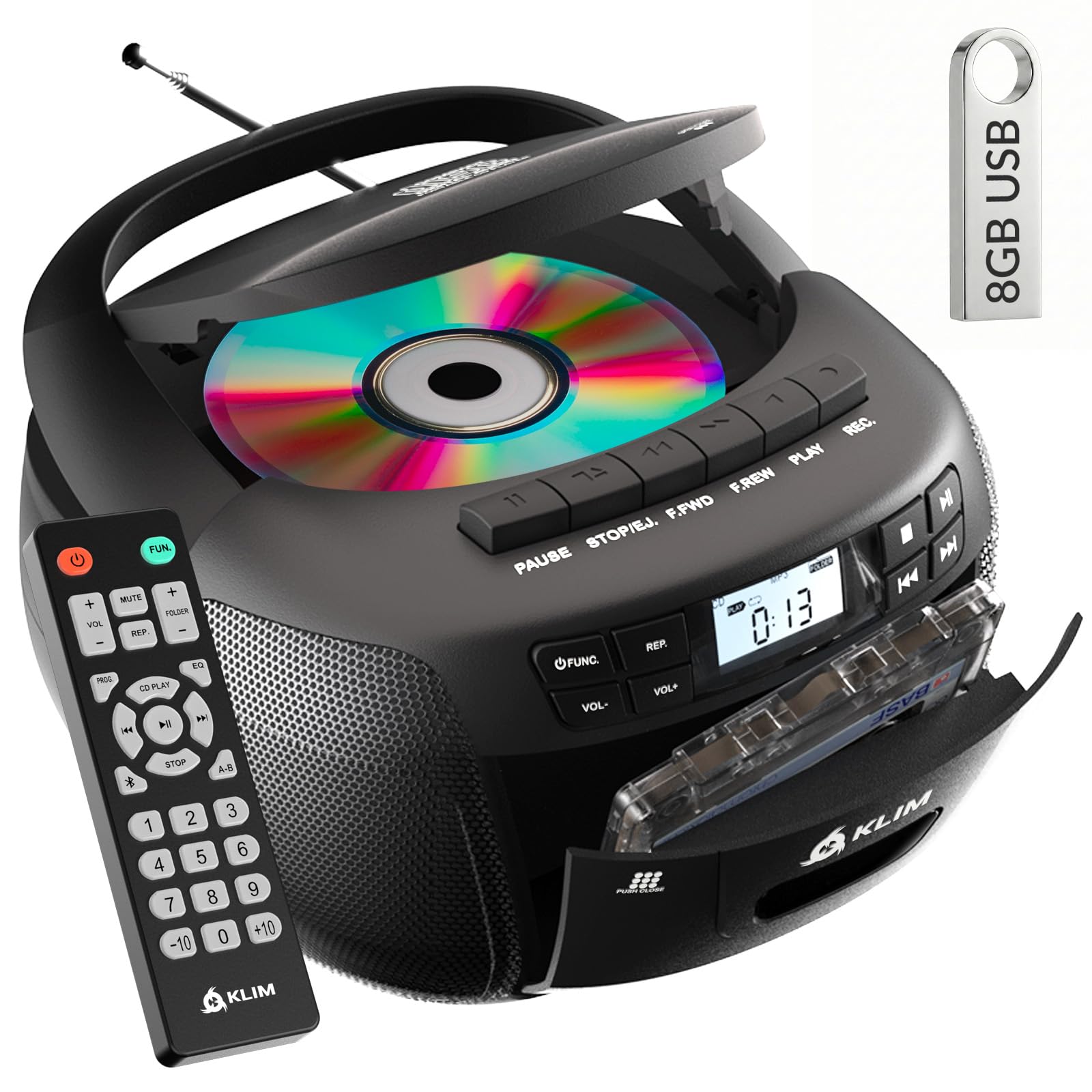 KLIM CD Player & Cassette Tape Player with Case, Bluetooth Boombox, AM/FM Radio, Stereo Sound, Remote, CD and Cassette Combo, Ta