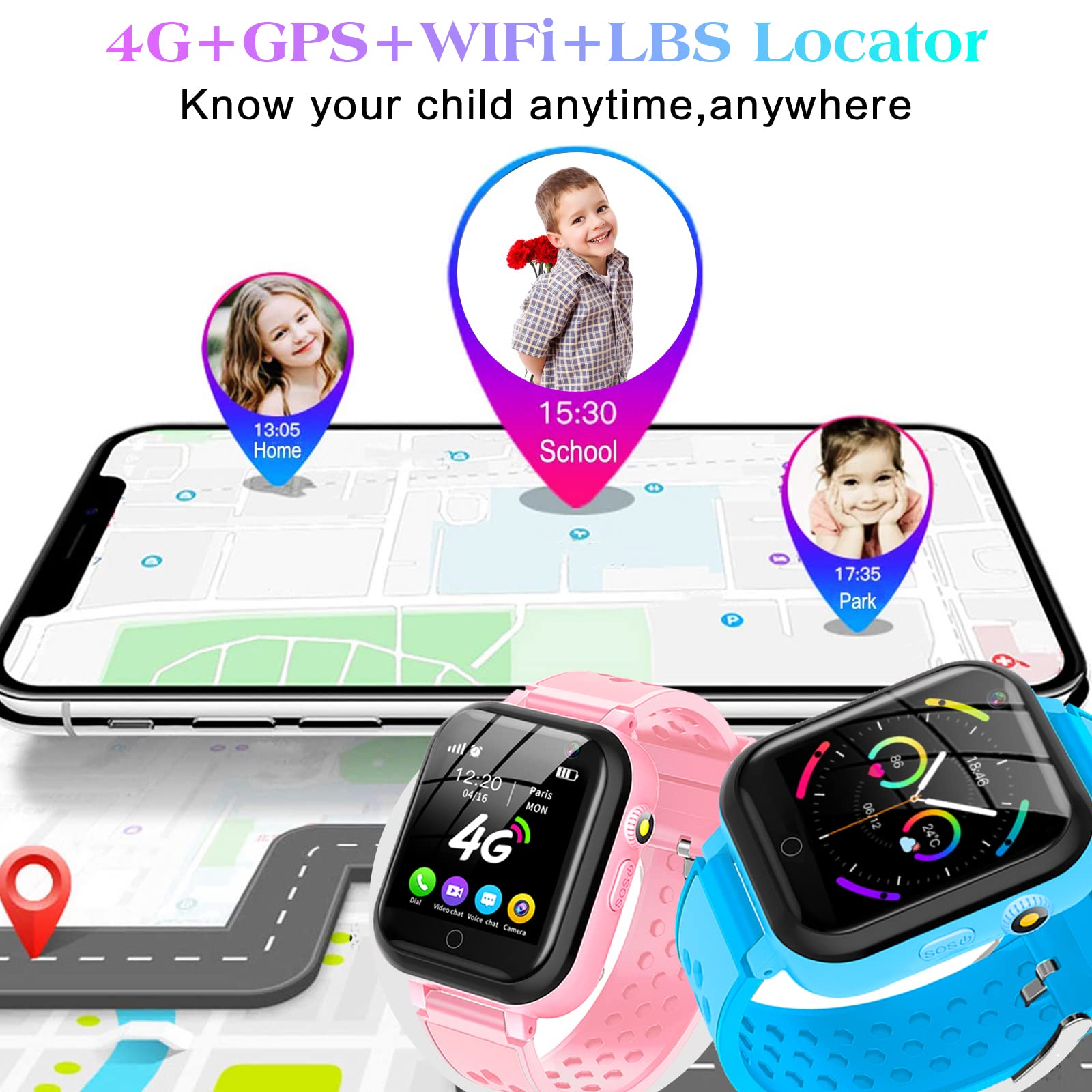Ddioyiur Smart Watch For Kids, 4G Kids Phone Smartwatch With Gps Tracker, Wifi, Sms, Call,Voice & Video Chat,Bluetooth,Audio Rec