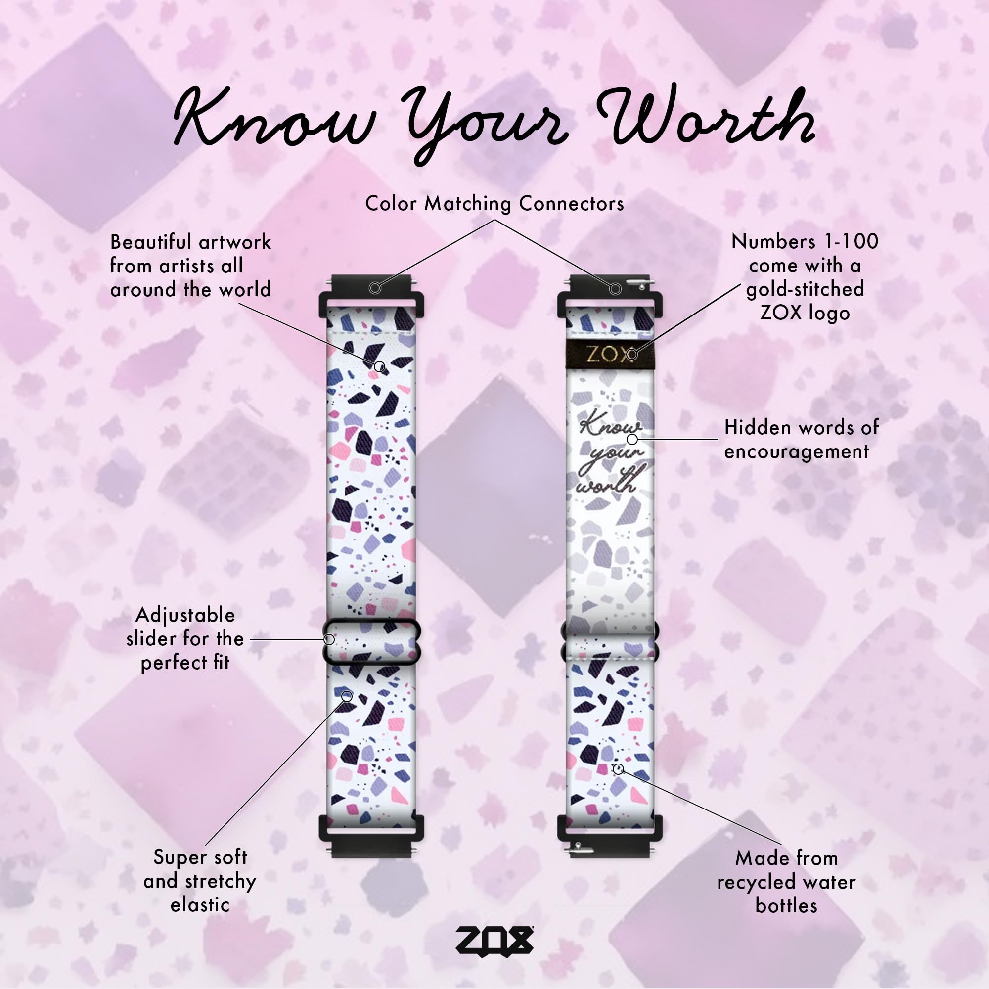 Zox Android Smart Watch Band - Know Your Worth | Soft, Adjustable Elastic Band With Motivational Affirmations And Beautiful Artw