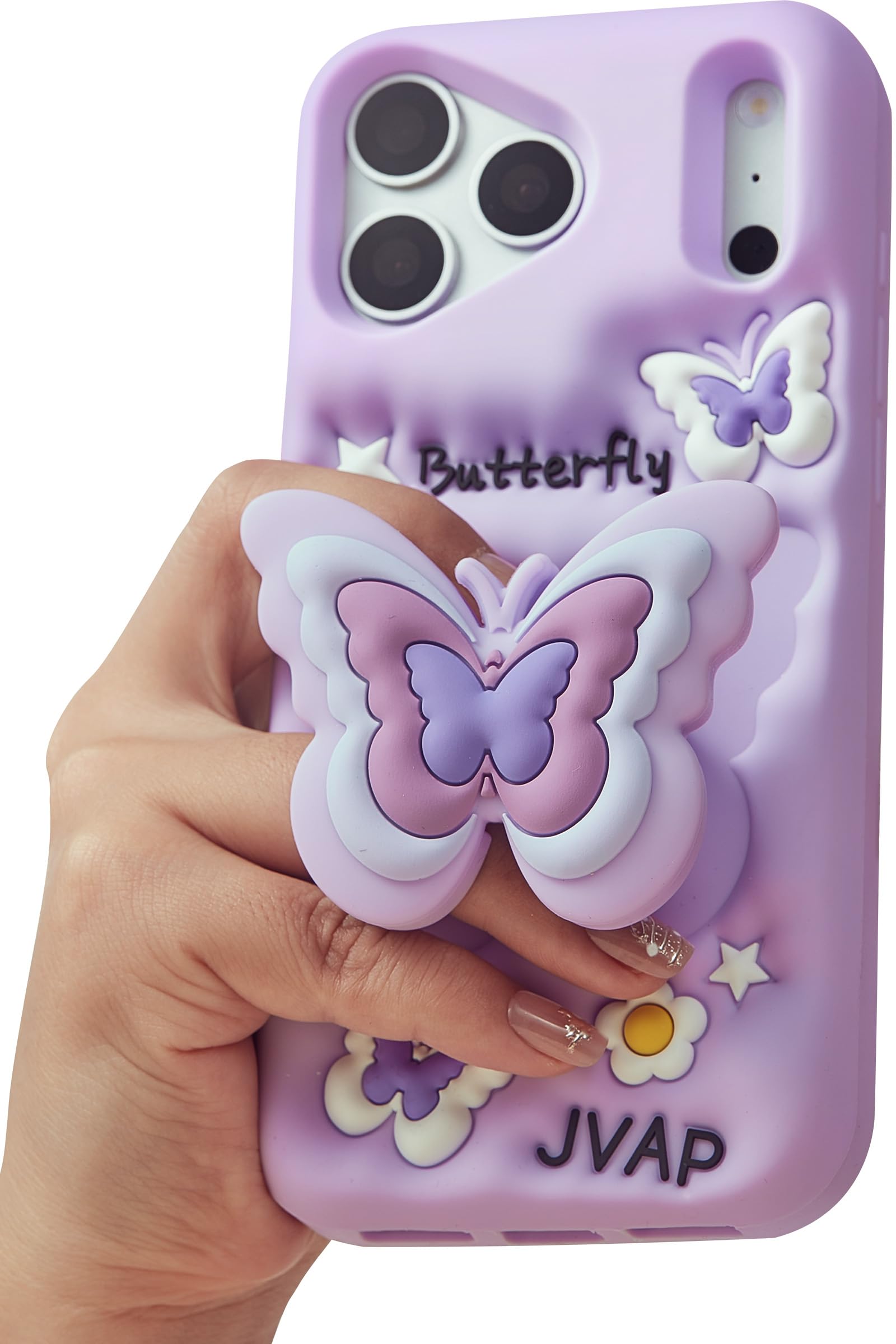 TUFTA Kawaii 3D Butterfly Phone Case for iPhone 17 Pro (with Retractable Phone Stand & Grip) Cute Girly Cartoon Soft Silicone Ph
