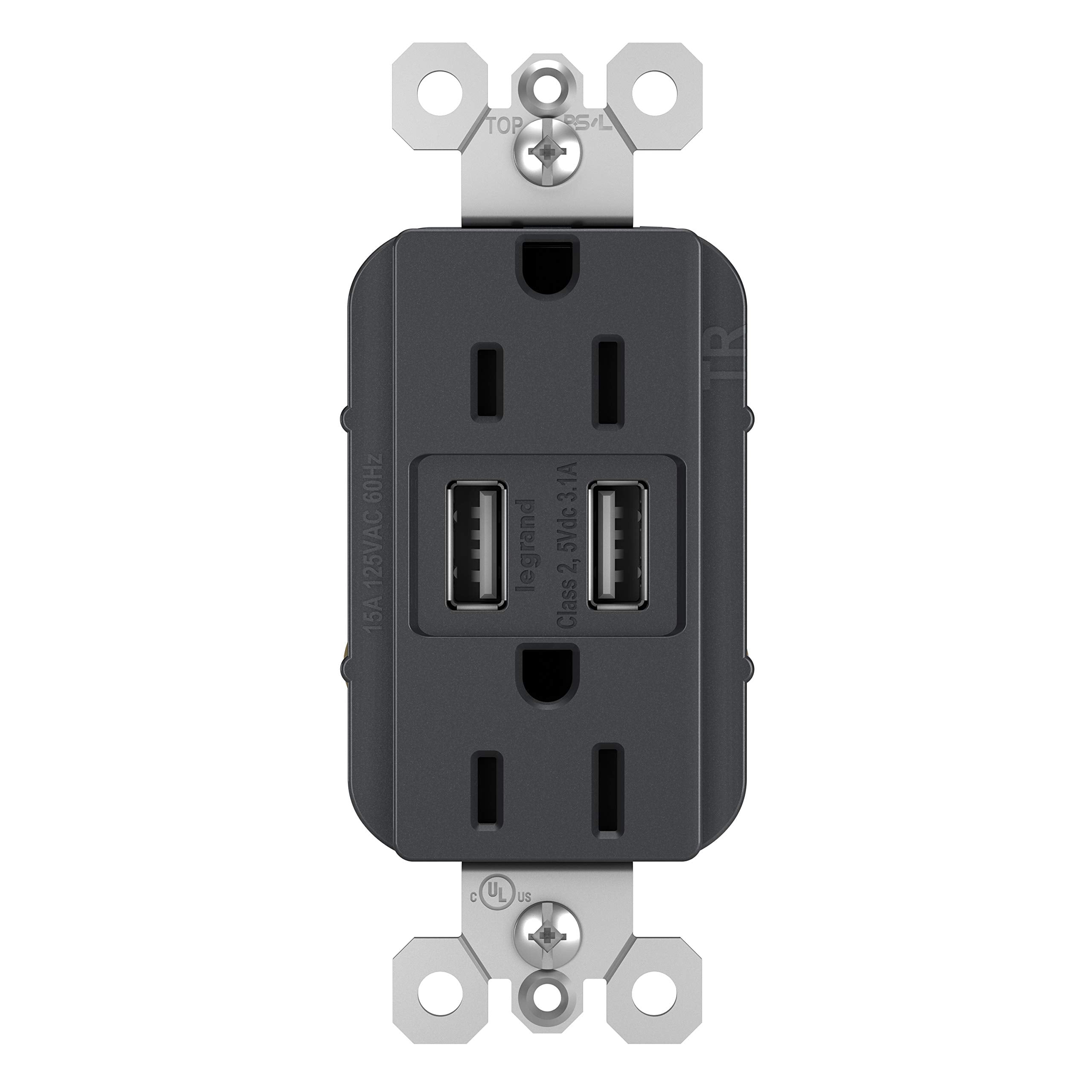 Legrand Radiant Tm826Usbgccv4 15 Amp Decorator Duplex Tamper Resistant Outlet Receptacle With 3.1A Type A Usb Charger, Graphite 