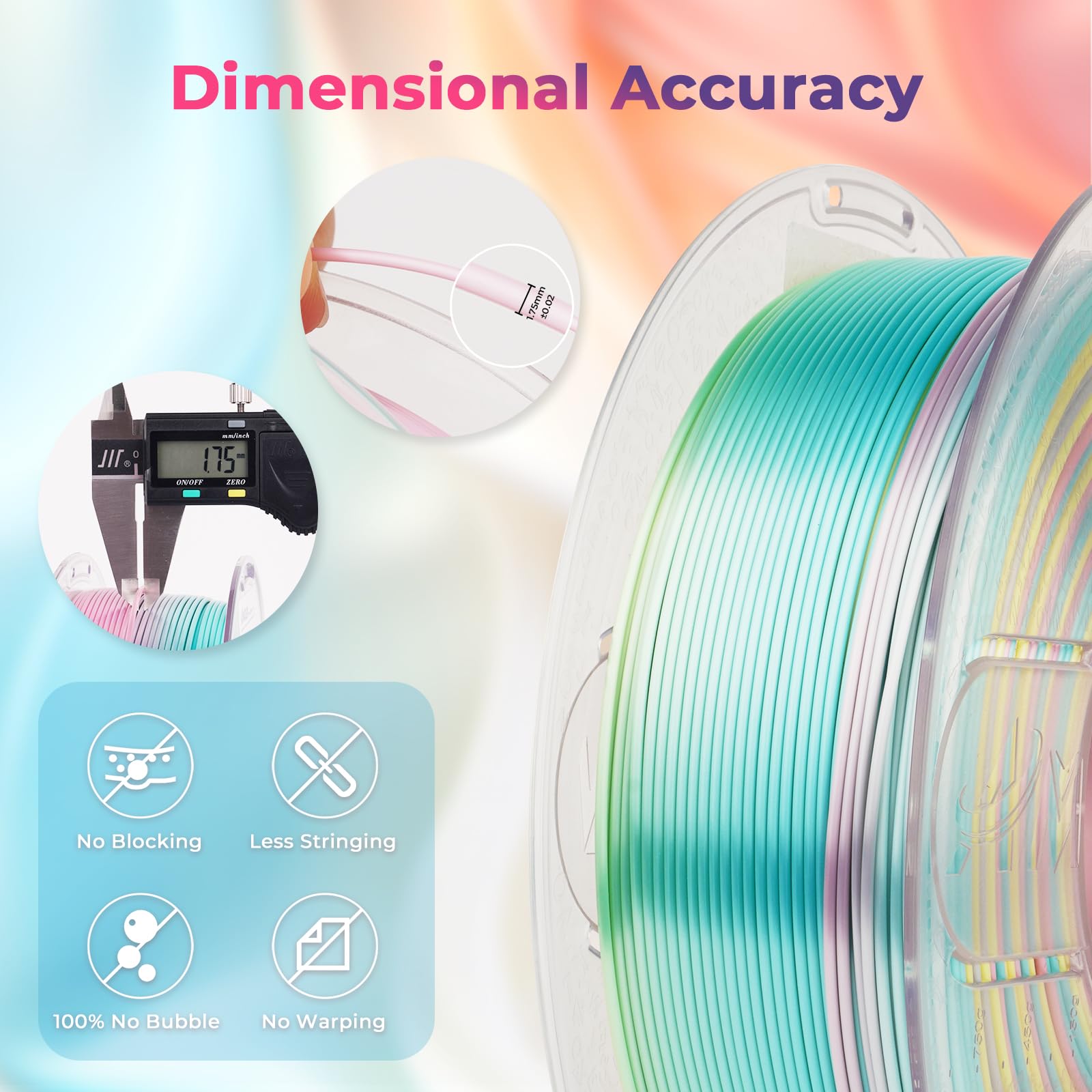 Amolen Silk Pla 3D Printer Filament, Shiny Multicolor Rainbow Pla Filament 1.75Mm, Fast Gradient Color Change Pla 3D Printing Fi