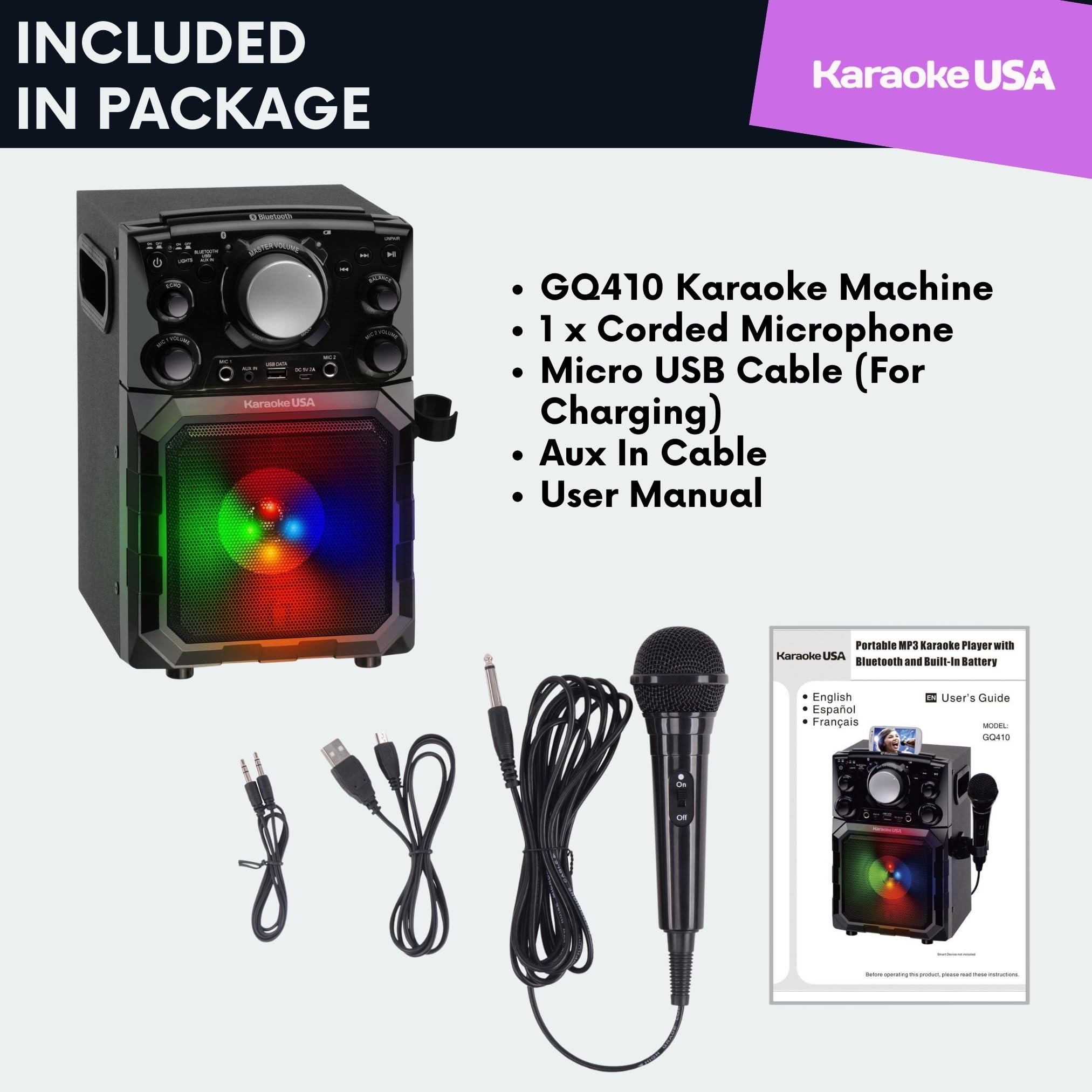 Karaoke Usa Portable Mp3 Karaoke Player With Bluetooth, Pa, And Built In Battery (Gq410) , Black