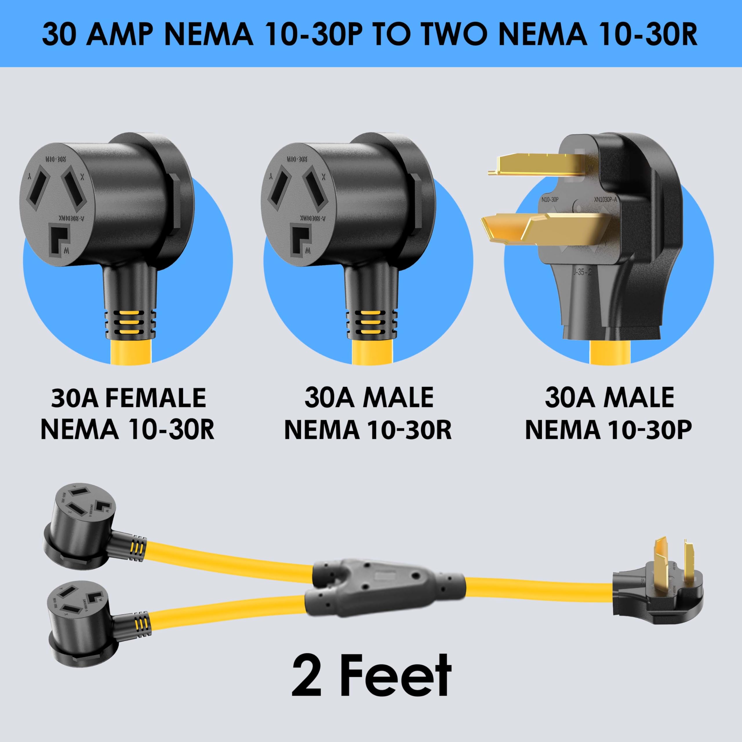 3 Prong Dryer Y Splitter, Dryer Outlet And Level 2 Ev Charging, Ul Listed, Nema10 30P Male To Two Nema 10 30R Female, 30 Amp 250