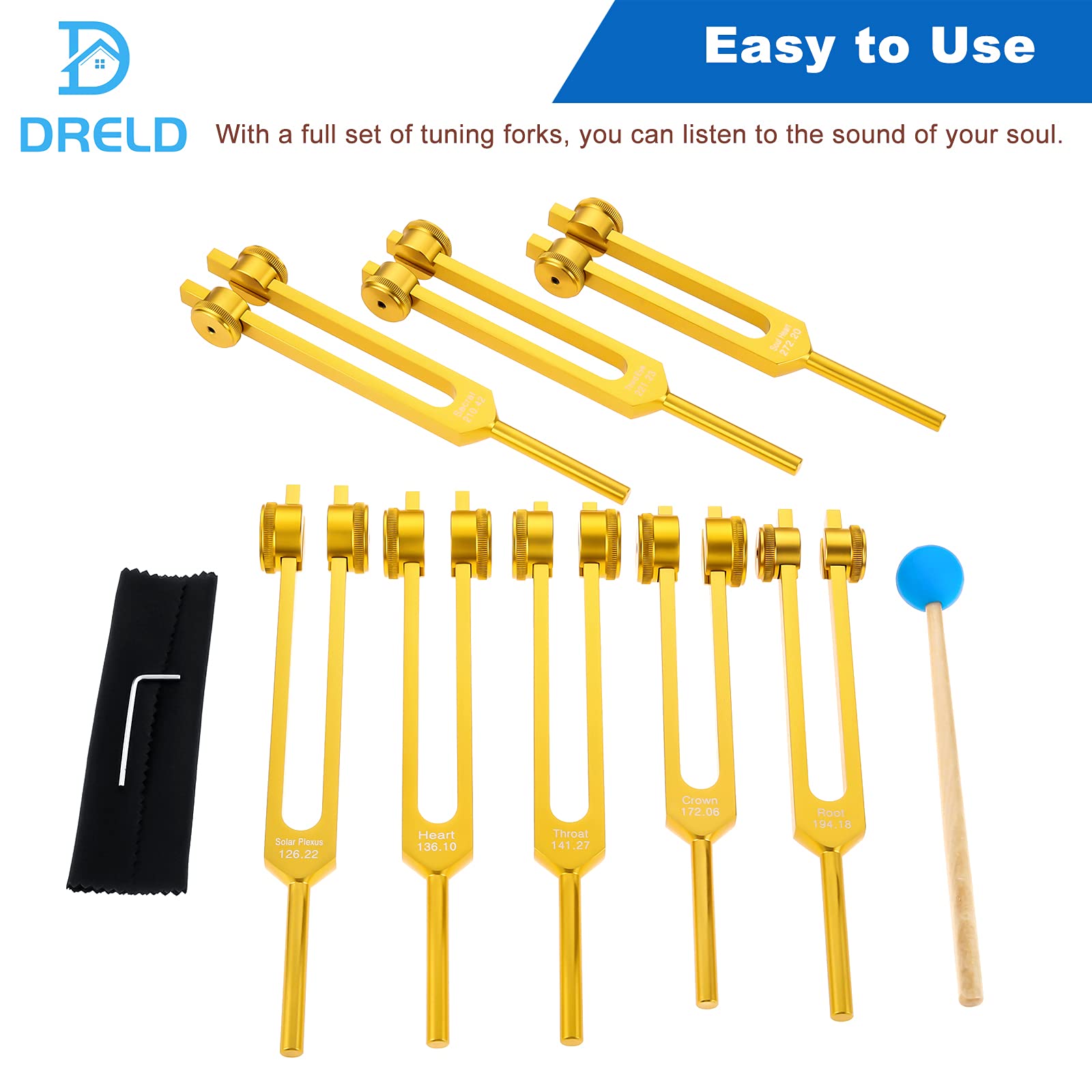 Chakra Tuning Forks Set, 7 Chakra+1 Soul Purpose Weighted Tuning Forks With Hammer, Bag, Cleaning Cloth (126.22 Hz, 136.1 Hz, 14