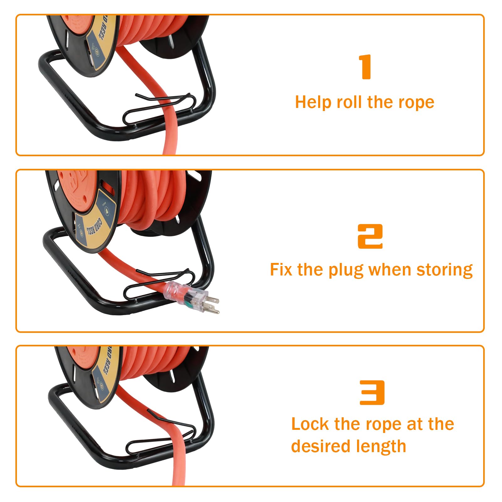 EP Heavy Duty Extension Cord Storage Reel 4-Grounded Outlets Metal Orange Empty Hand Crank