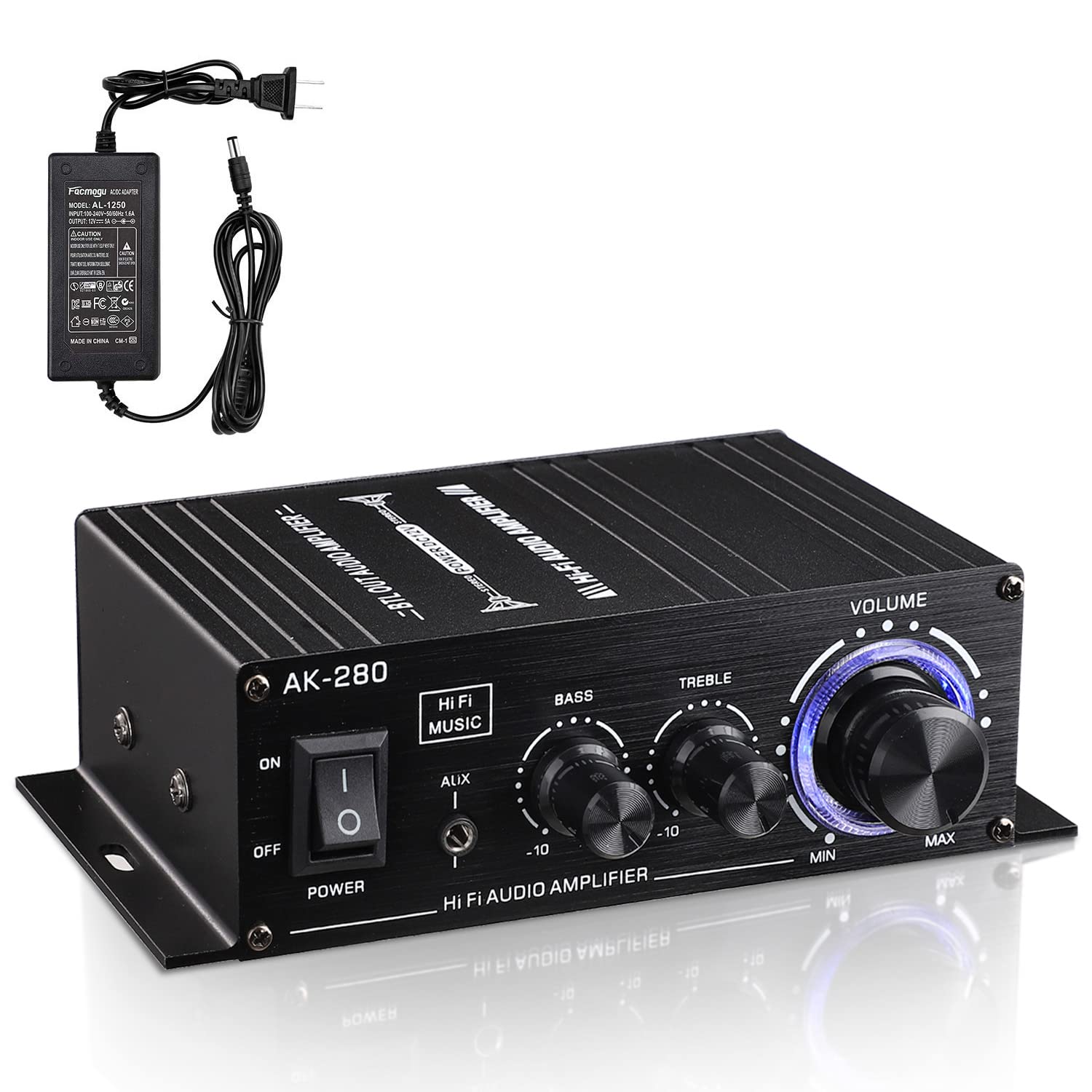 Facmogu Ak280 200W+200W Mini 2.0 Ch Audio Power Amplifier, 2.0 Ch Receiver Speaker Amp With 12V 5A Power Supply, Bass & Treble Control Music Player Sound Amplifier For Car Home Garage