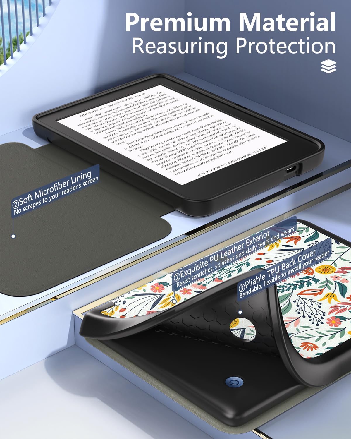 MoKo Case for Kobo Clara BW/Clara Colour/Clara 2E 6', Ultra Slim Lightweight with Auto Wake/Sleep Cover Folio Case for Kobo Clara BW/Clara Colour 6' 2024, Flowers