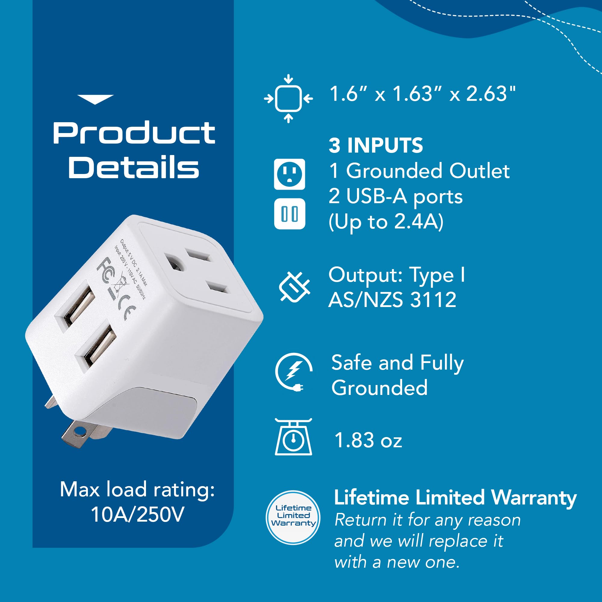 Ceptics Australia, New Zealand, China Travel Adapter Plug With Dual Usb Input   Ultra Compact   Usa To Type I   Perfect For Cell