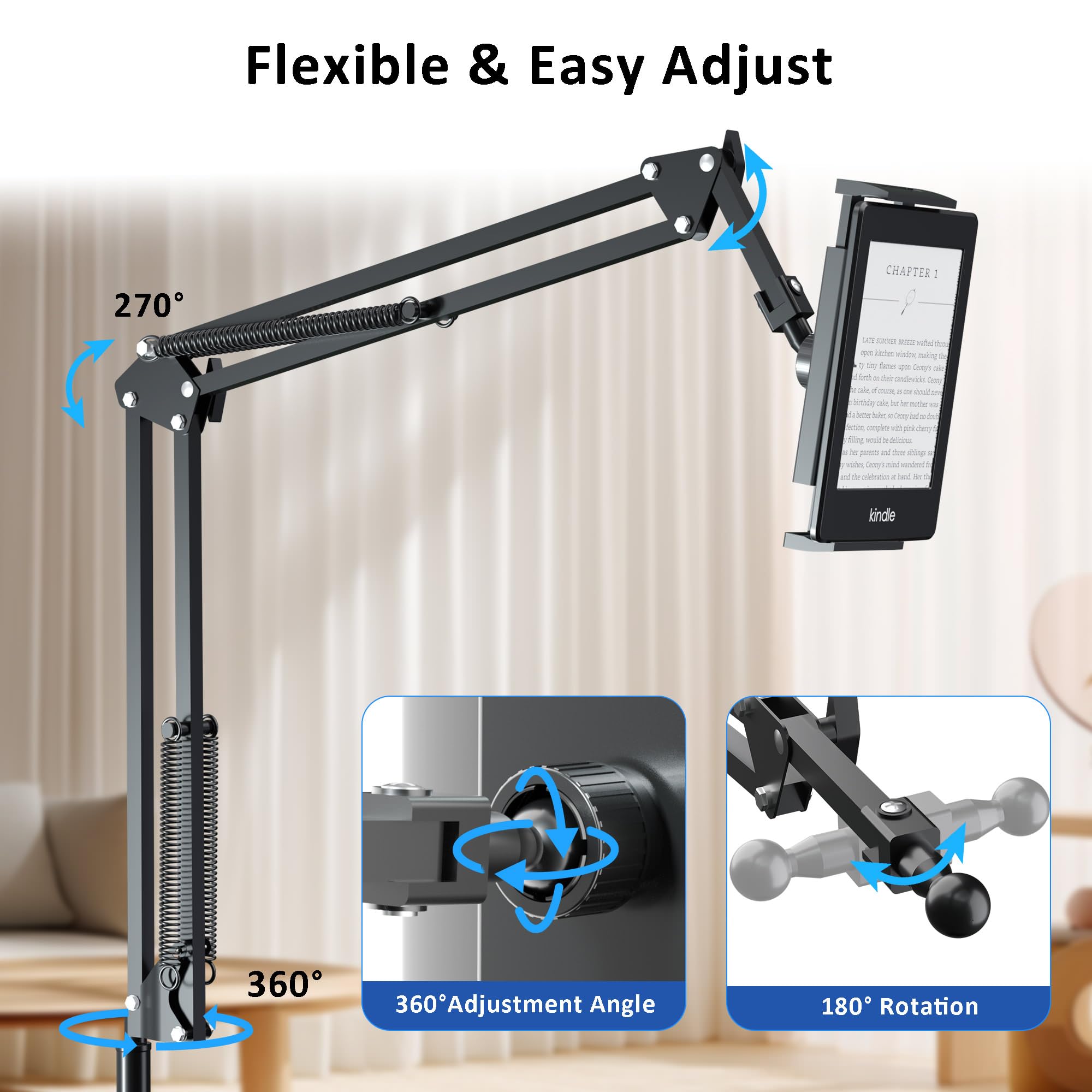 Kefotic Floor Stand For Kindle Reading In Bed With Remote Page Turner, Hands Free Tablet Arm Holder For Kindle Accessory, Compat