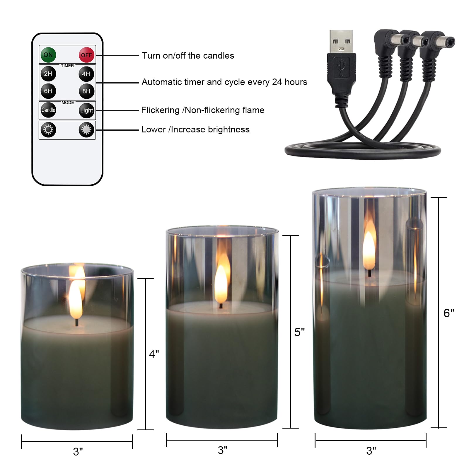 Genswin Rechargeable Led Flameless Flickering Glass Candles With Remote Timer, Battery Operated Pillar Candles Long Lasting Grey