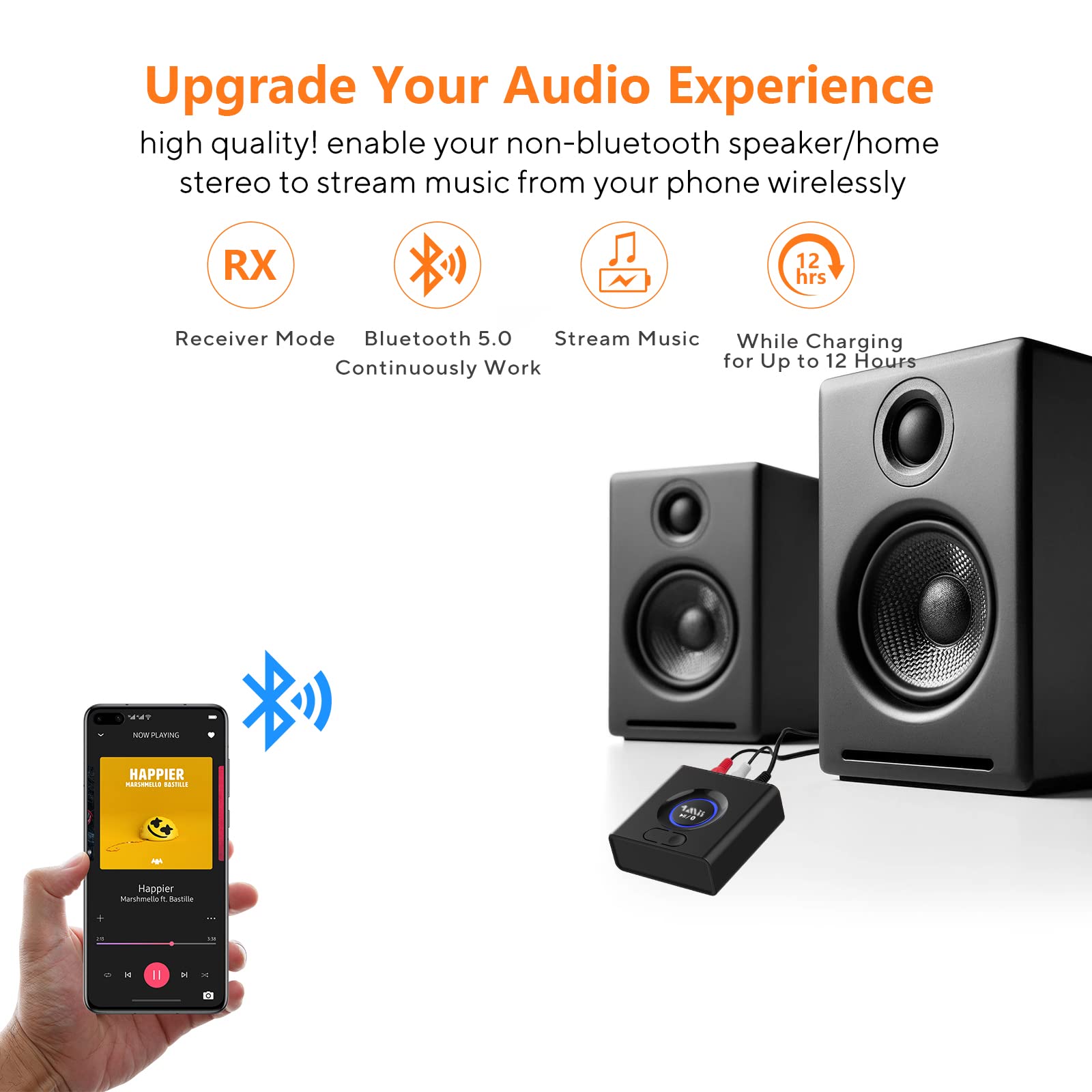 1Mii Bluetooth 5.0 Audio Receiver, Wireless Audio Adapter For Home Stereo Music Streaming System With 3.5 Mm Rca, Bass Mode, 12H